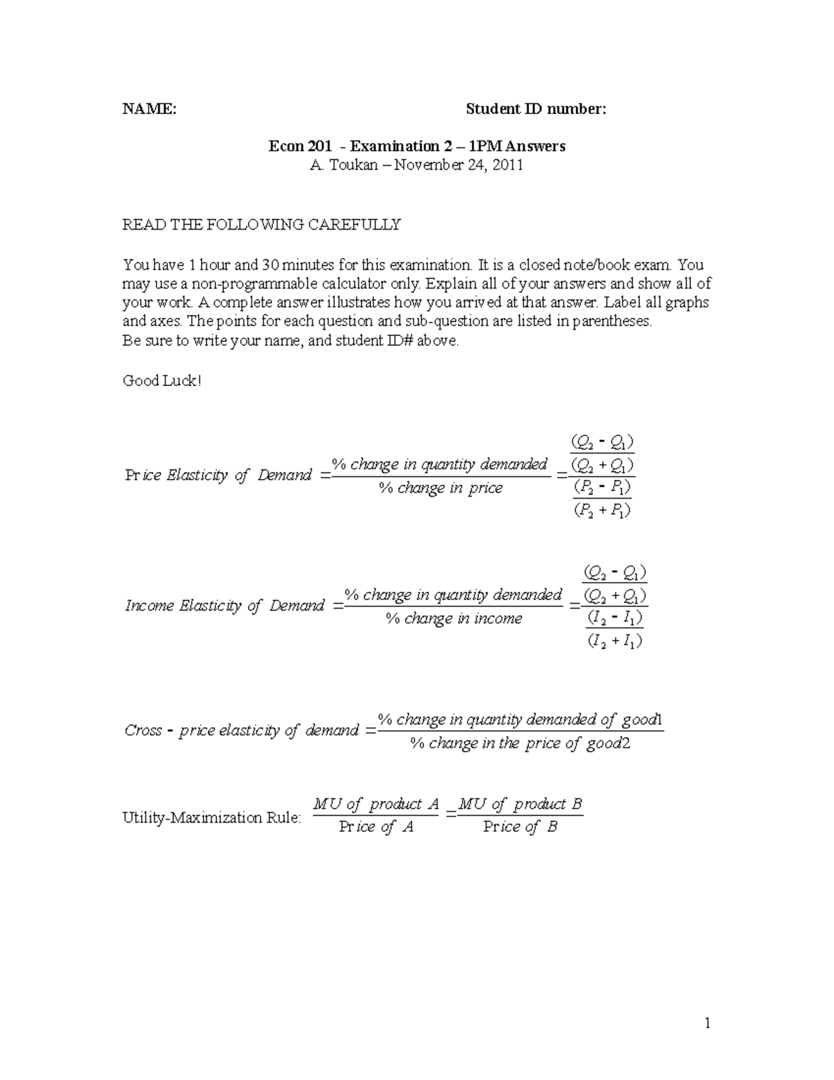 Exam 2 Fall 2011 - bt toan - NAME: Student ID number: Econ 201 ...