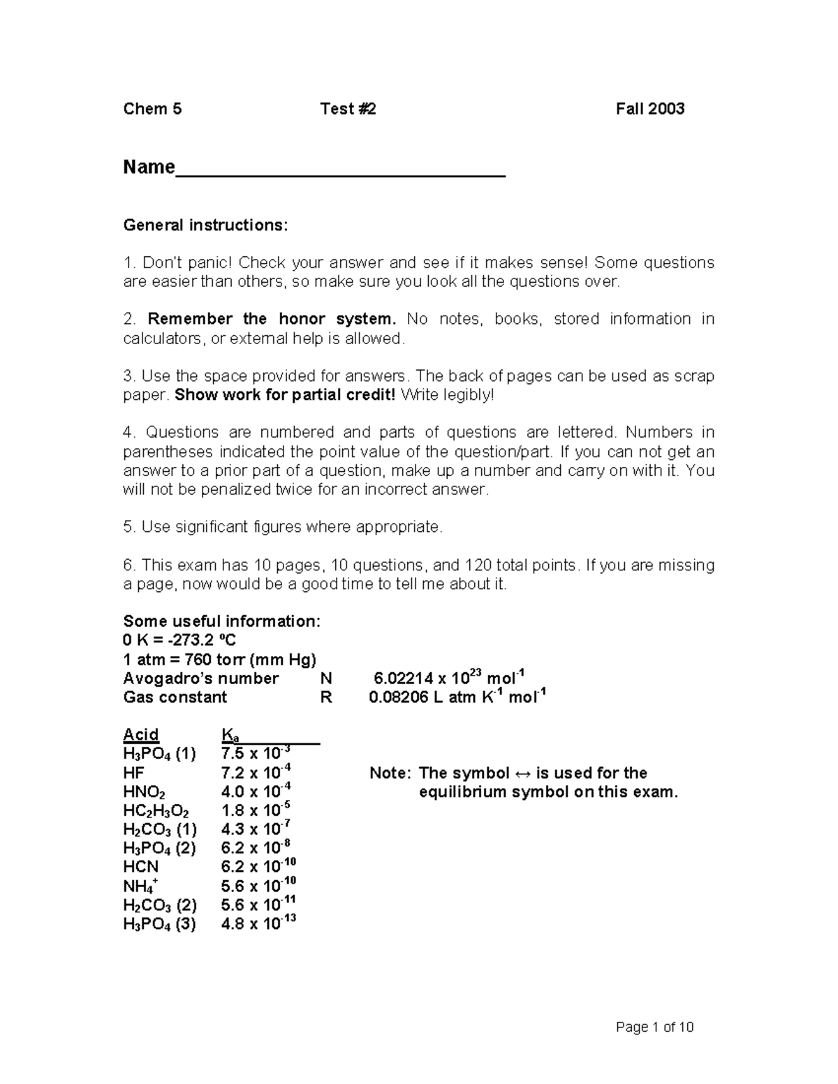 Chem 5 Test 2 Fall 03 - Chem5 Exam1 F05 Key.pdf 2005 - Chem 5 Test #2 ...