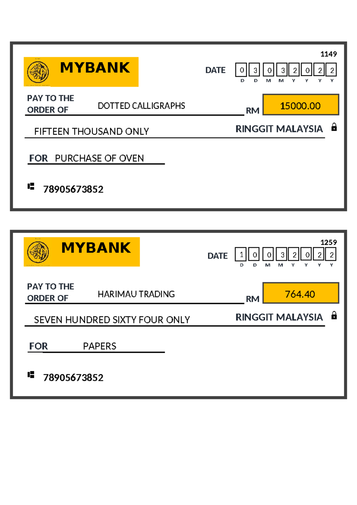 Cheque - PAY TO THE ORDER OF FOR RINGGIT MALAYSIA RM 1149 FIFTEEN ...