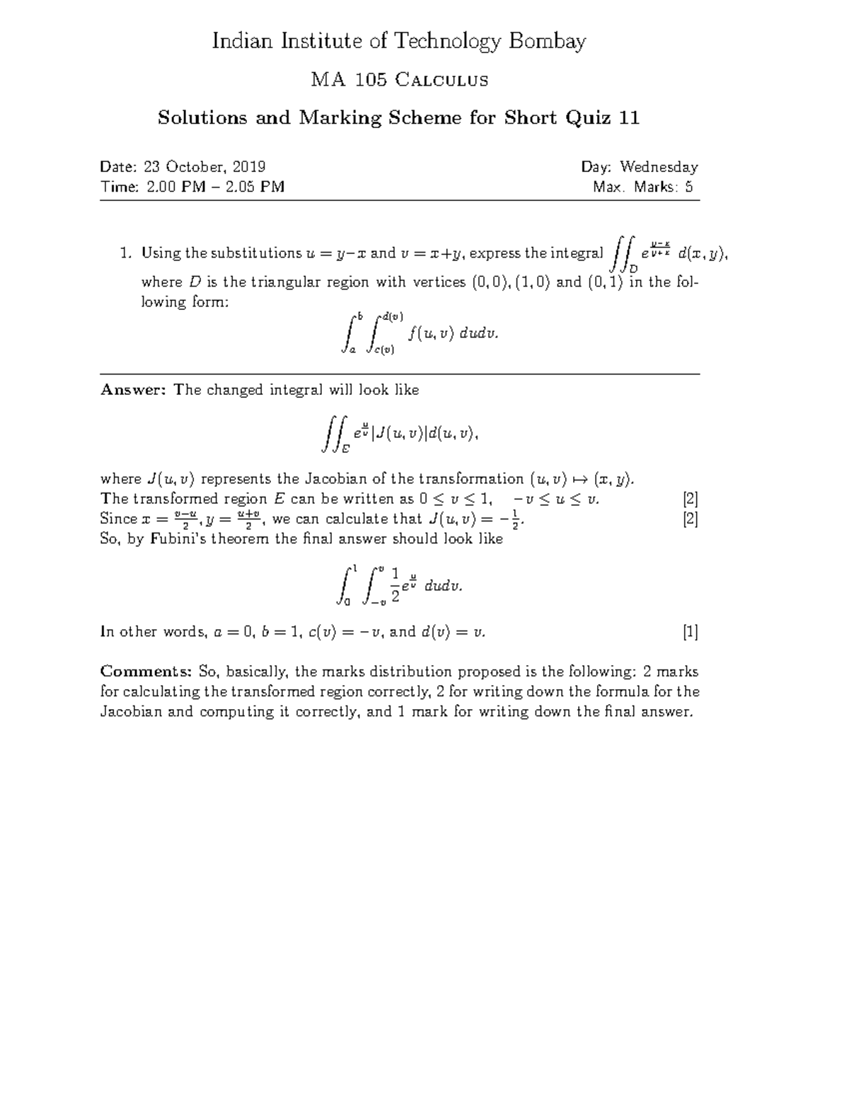 MA105 Short Quiz 11 Paper & Solution - Indian Institute Of Technology ...