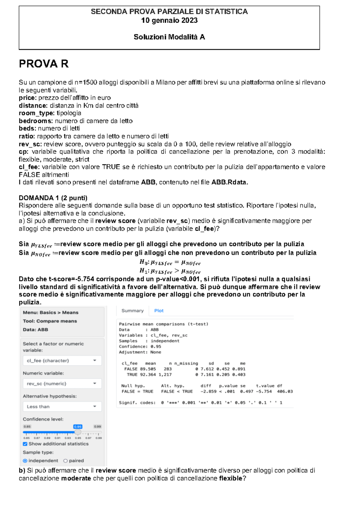 Statistica 20230110 Secondo Parziale Soluzioni - PROVA R Su un campione ...