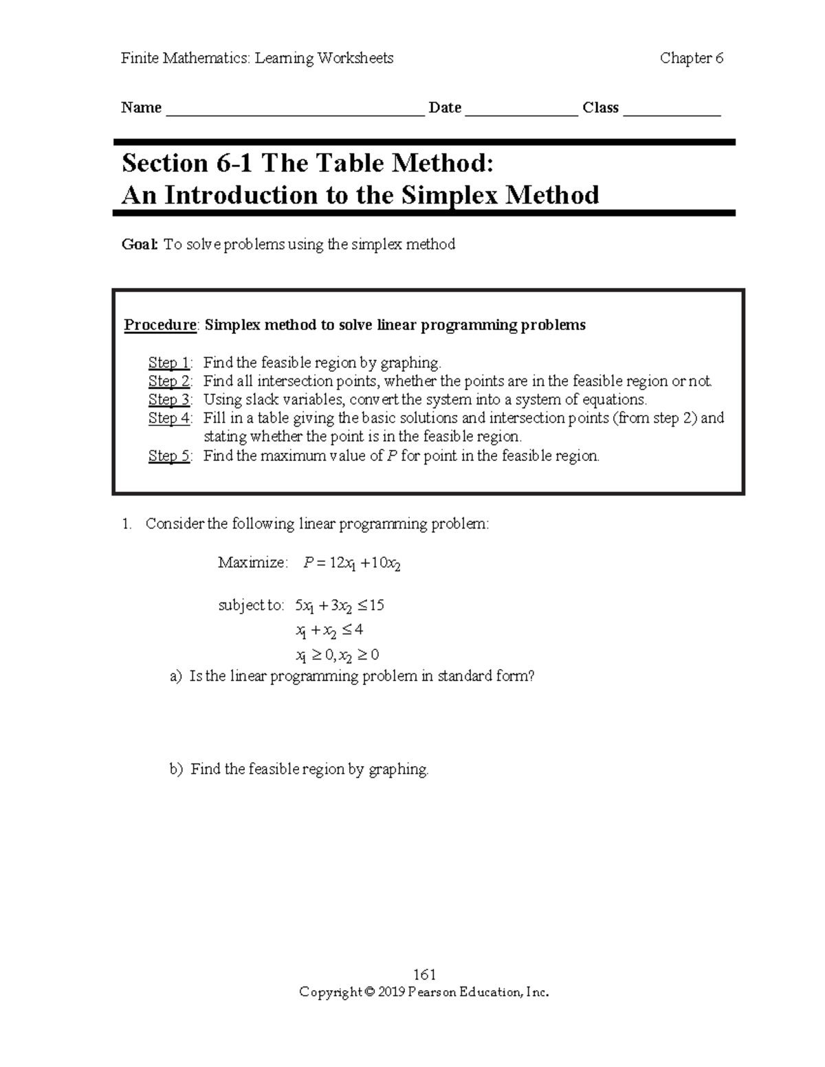 6 The Table Method An Introduction to the Simplex Method practice