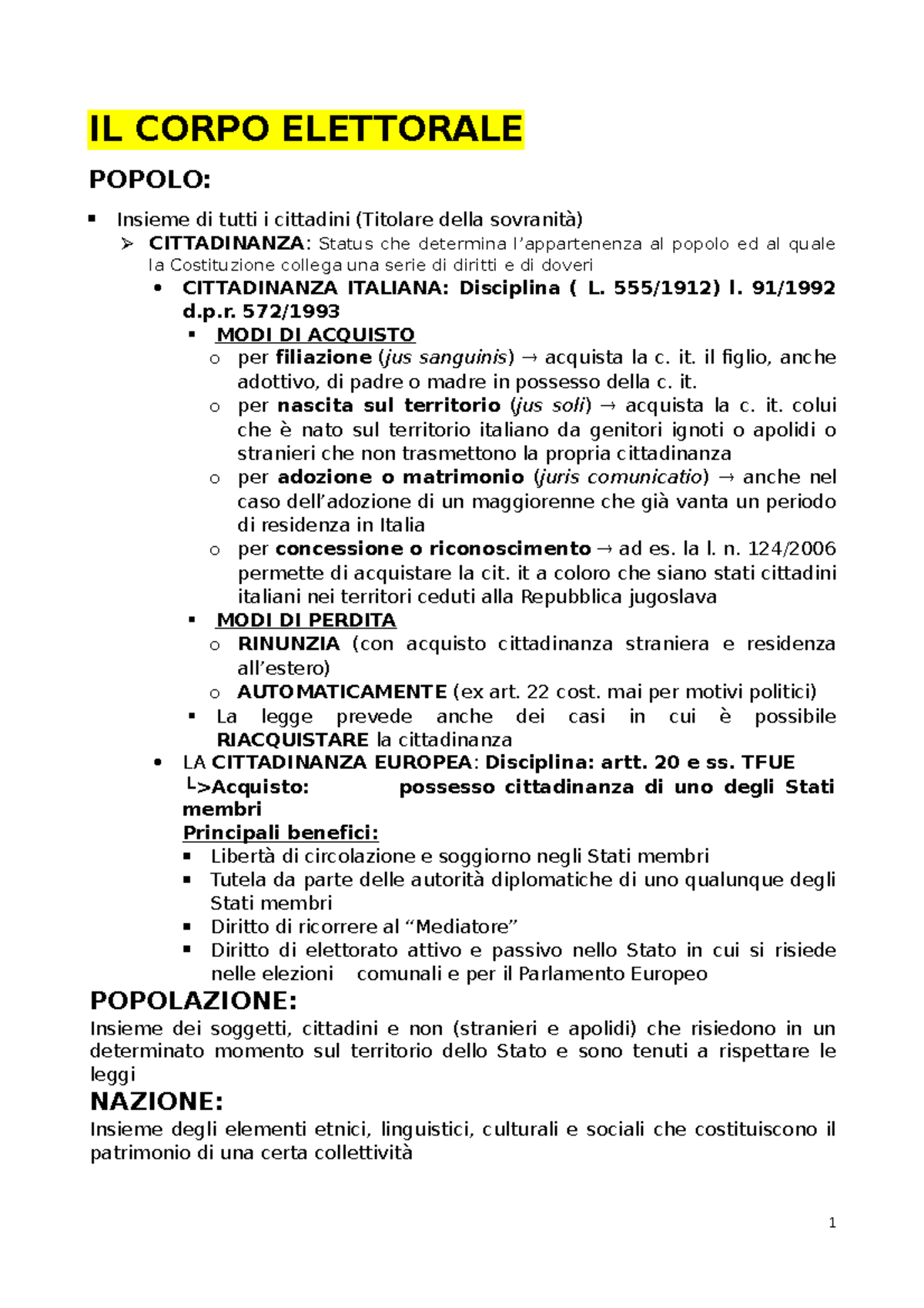 IL Corpo Elettorale Slide dei materiale spiegate a lezione IL CORPO