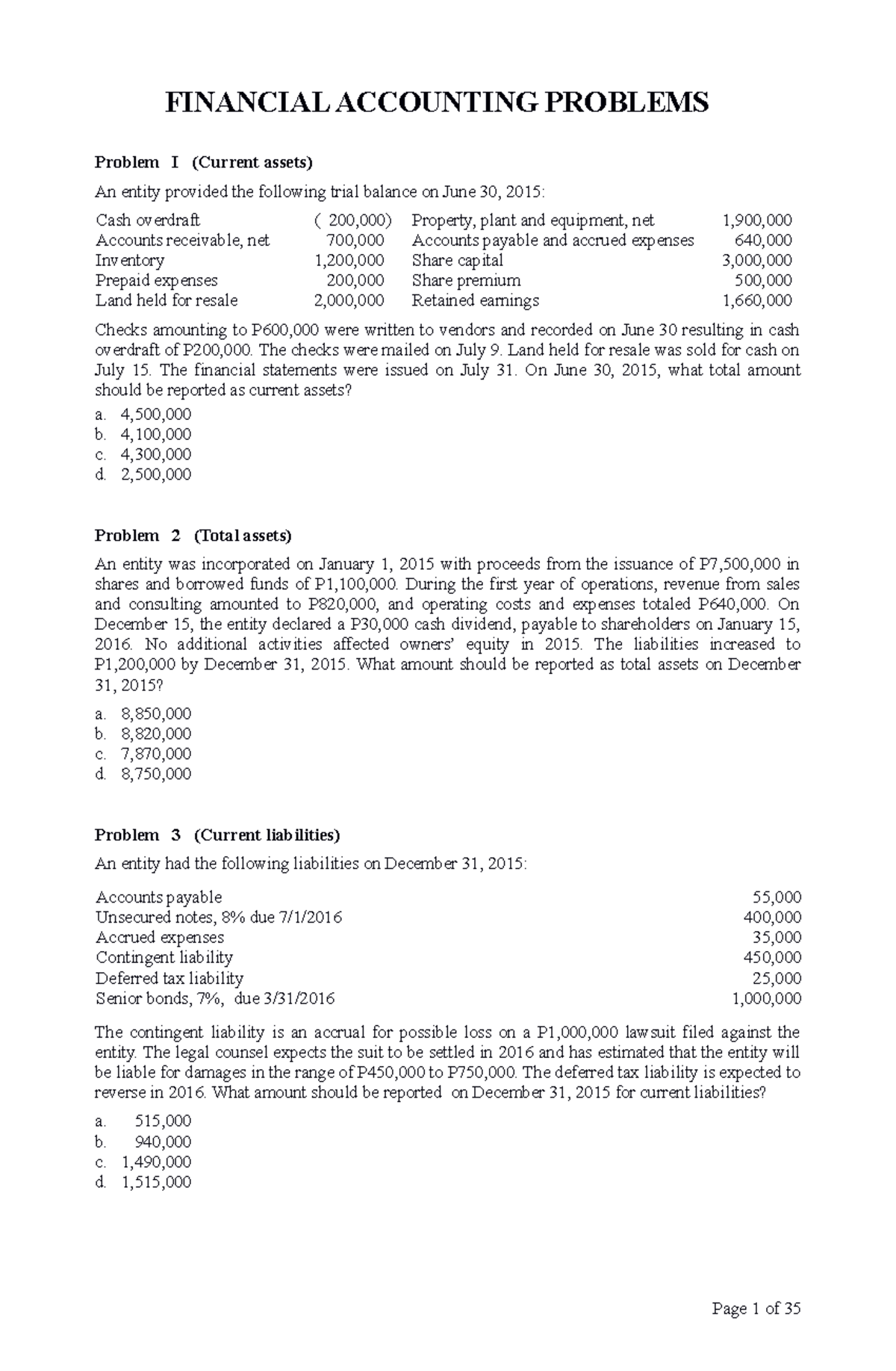 Financial-Accounting-Problem - FINANCIAL ACCOUNTING PROBLEMS Problem I ...