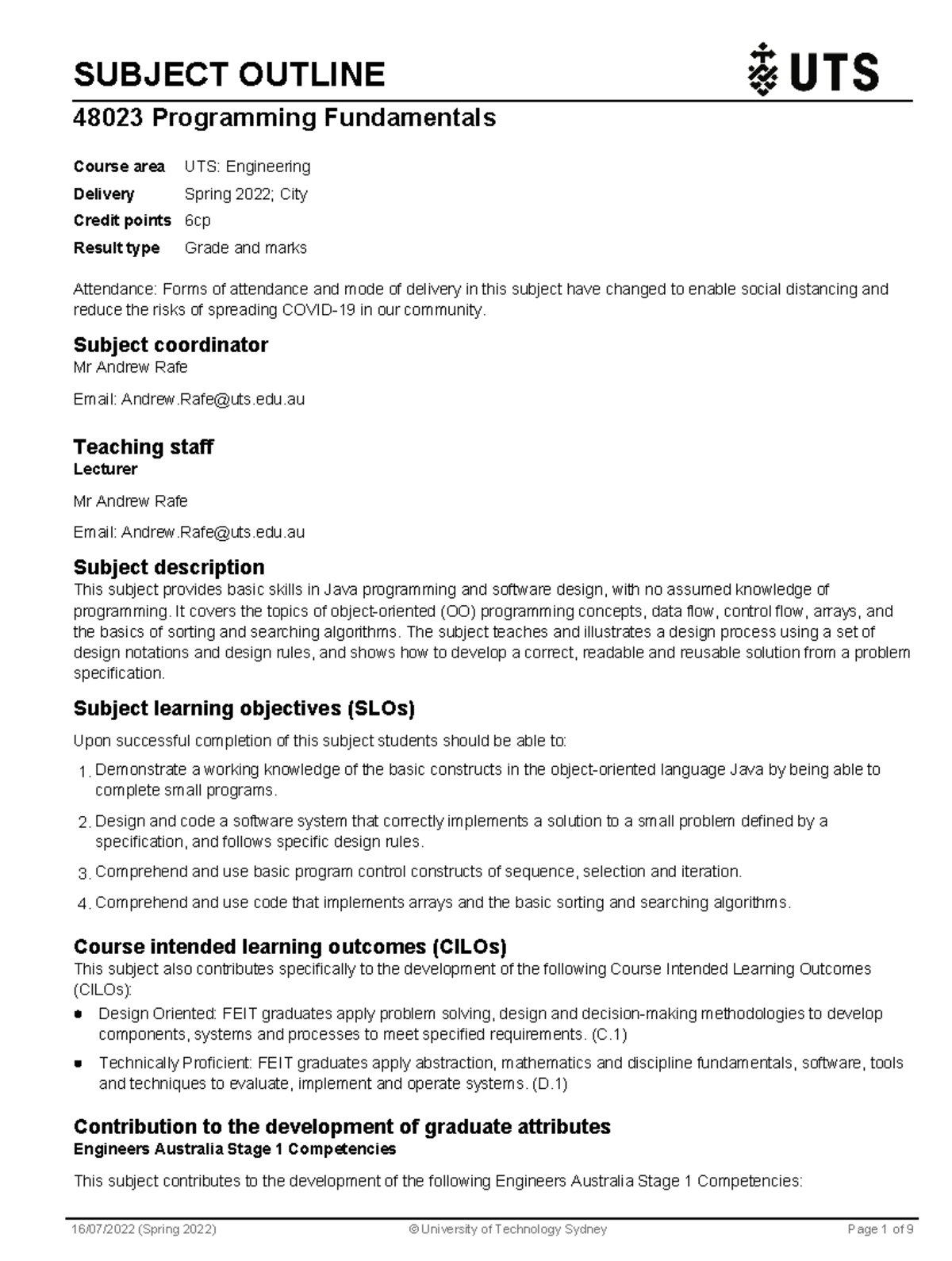 Programming fundamentals - SUBJECT OUTLINE 48023 Programming ...