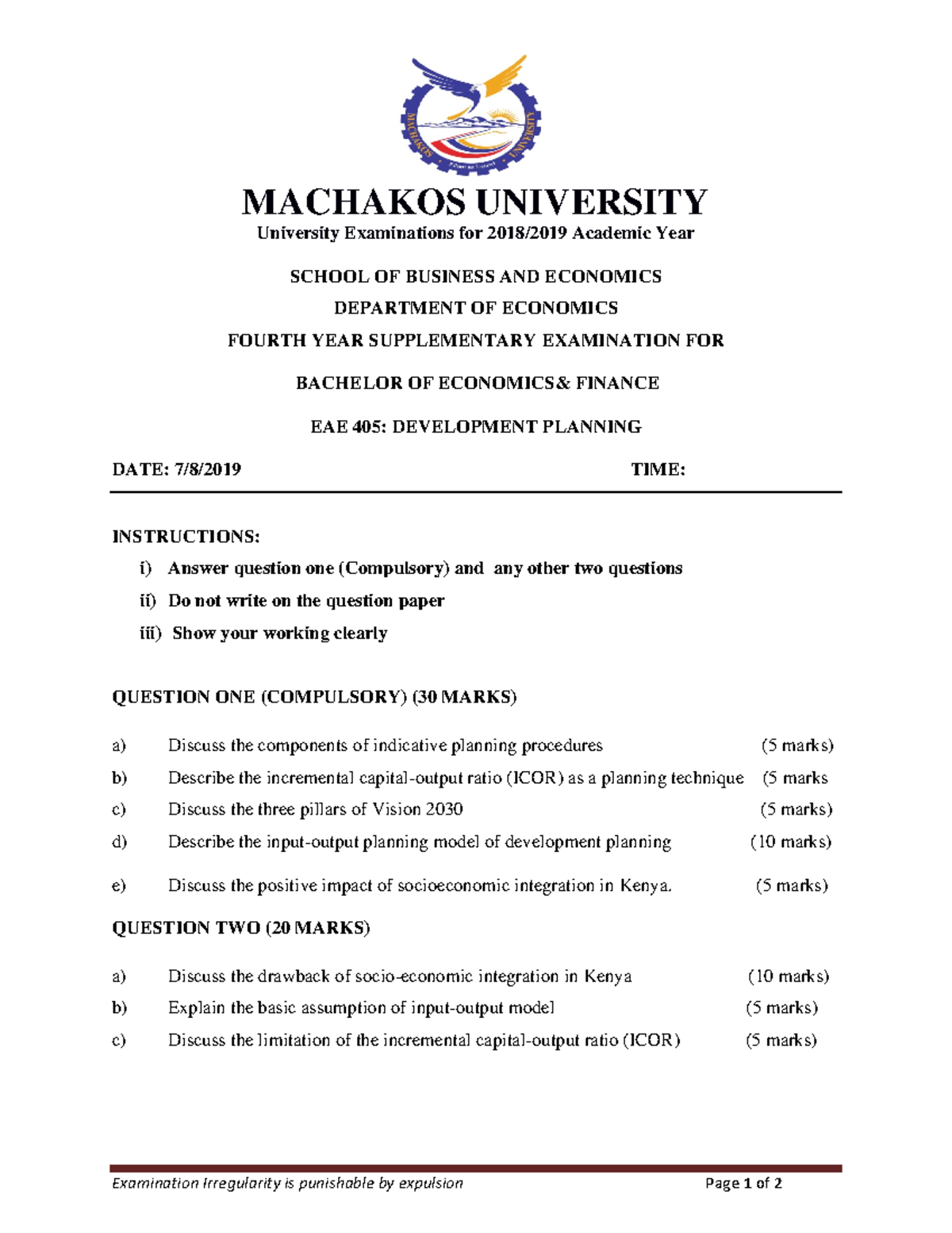 EAE 405 Development Planning - Examination Irregularity is punishable ...