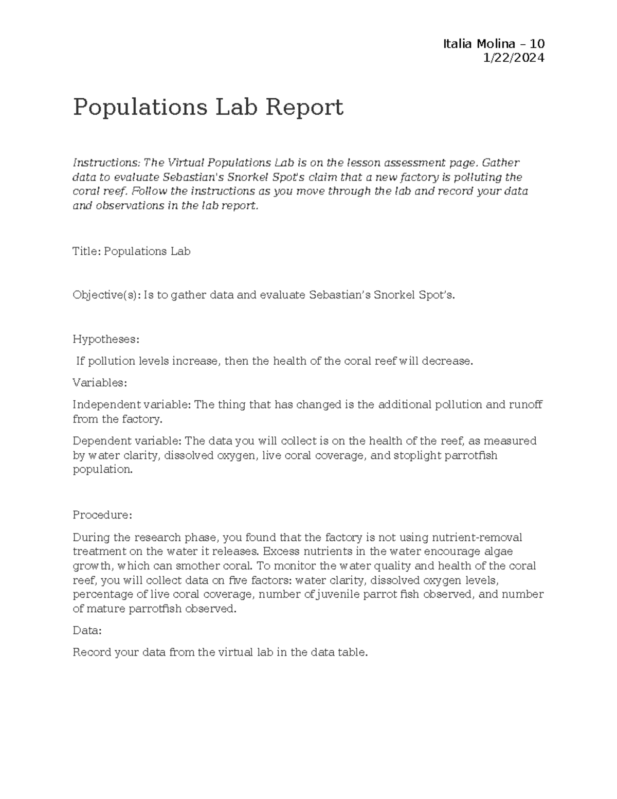 Populations Lab Report - 1/22/ Populations Lab Report Instructions: The ...