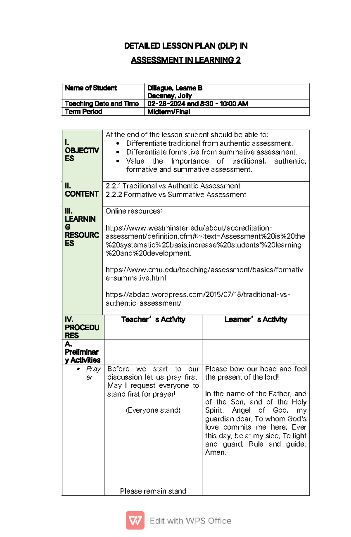 DLP-Format-1 - DLP-FORMAT-1 - DETAILED LESSON PLAN (DLP) IN ASSESSMENT ...