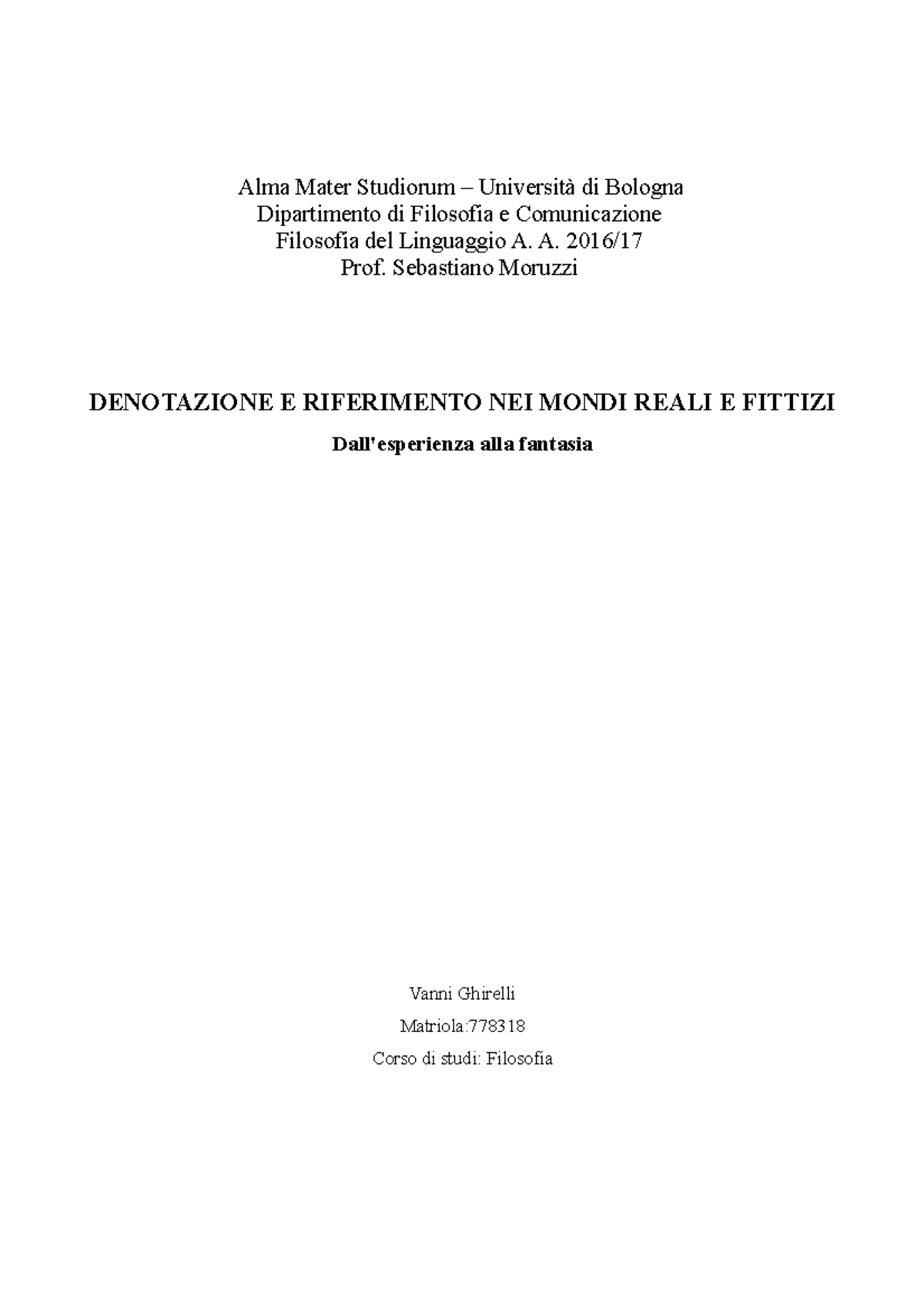 Paper esame di Filosofia del Linguaggio Alma Mater Studiorum