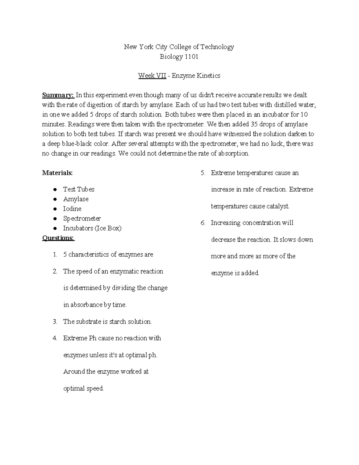 Enzyme Lab report for bio1101 summary, materials, results