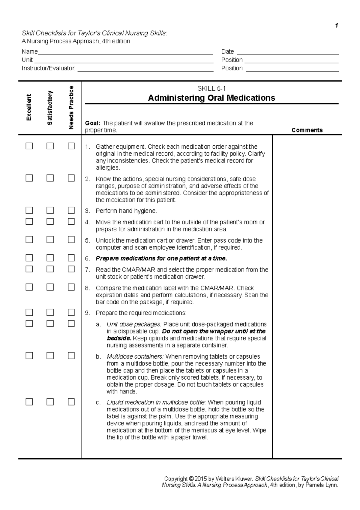 Administering Oral Medications 1 Skill Checklists for Taylor's