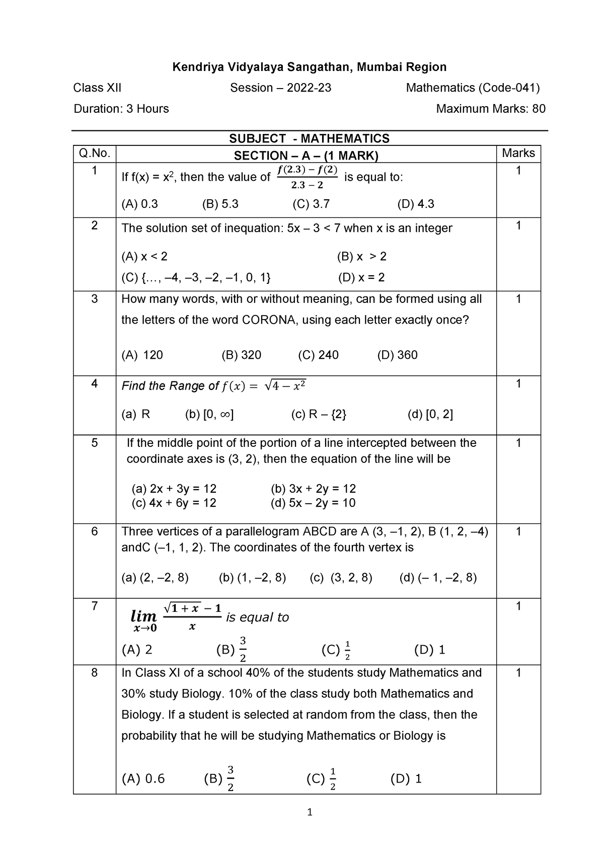 Copy Of QP Class XI Maths SET-1 - Kendriya Vidyalaya Sangathan, Mumbai ...