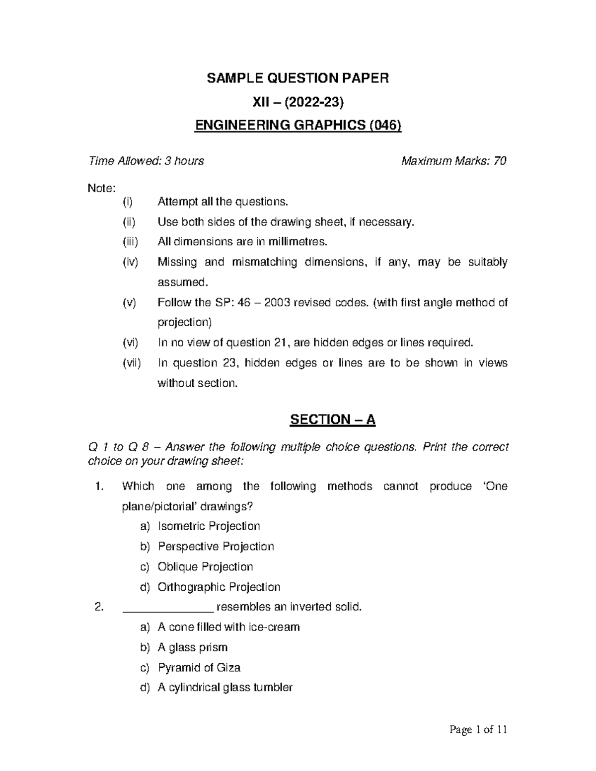 Engg Graphics-SQP - Eidirk - SAMPLE QUESTION PAPER XII – (20 22 - 23 ...