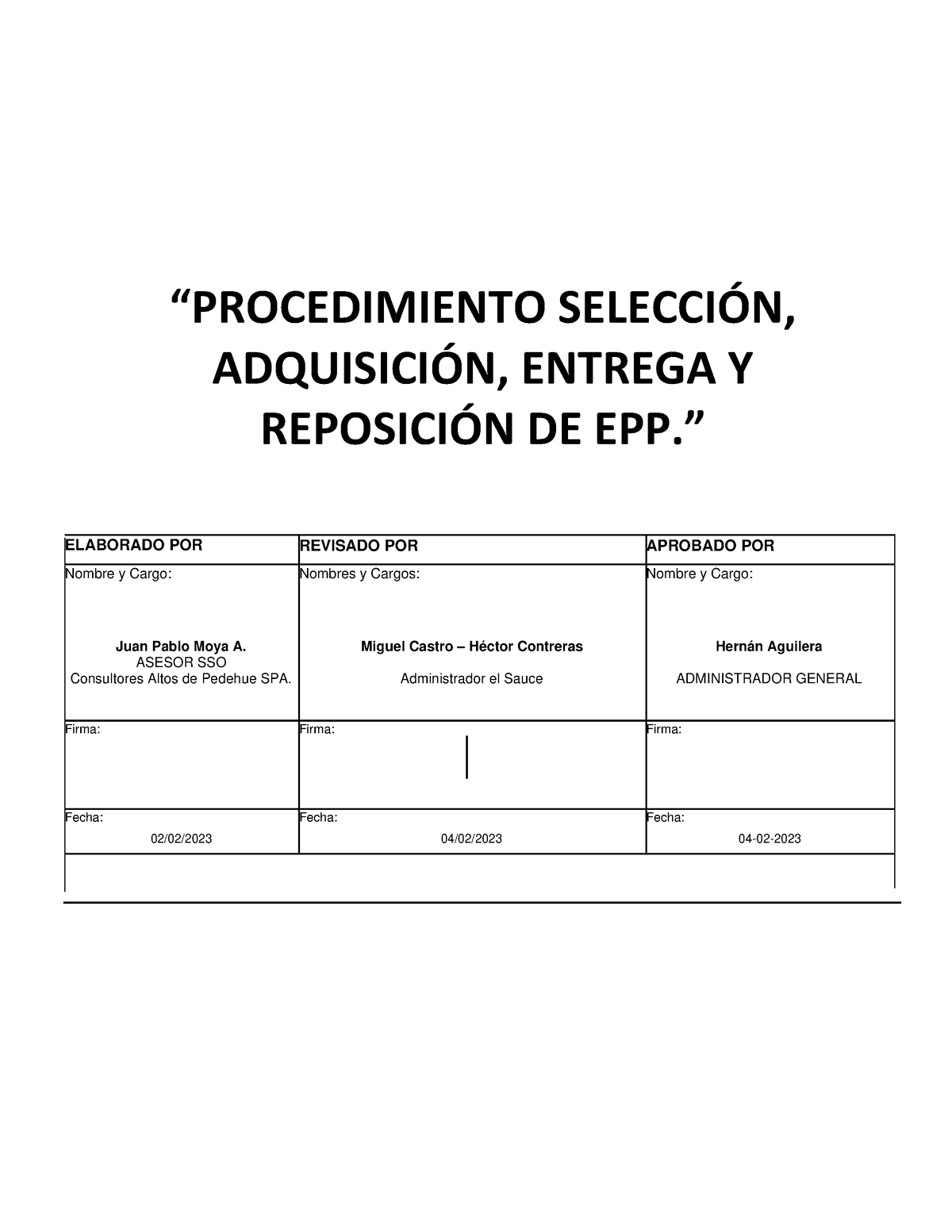 Proc. Selección Entrega Y Reposición De EPP Versión 00 - “PROCEDIMIENTO ...