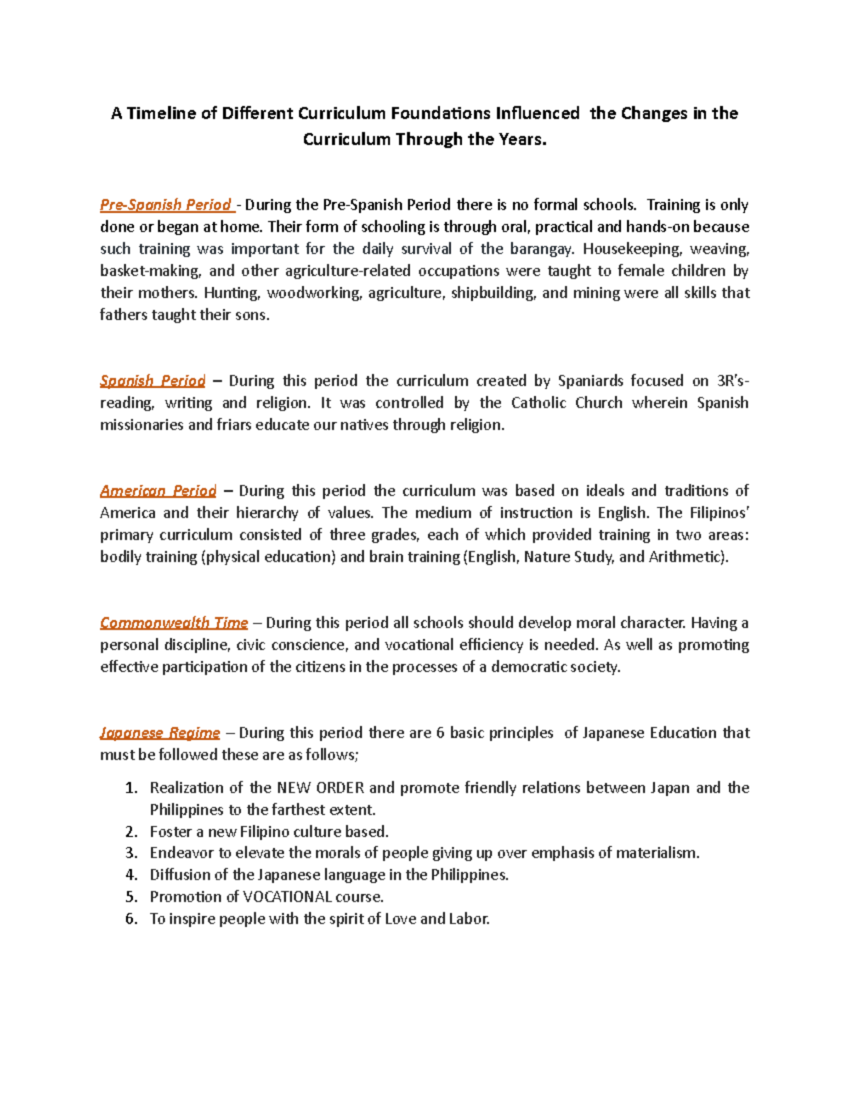 A Timeline Of Different Curriculum Foundations Pre Spanish Period 