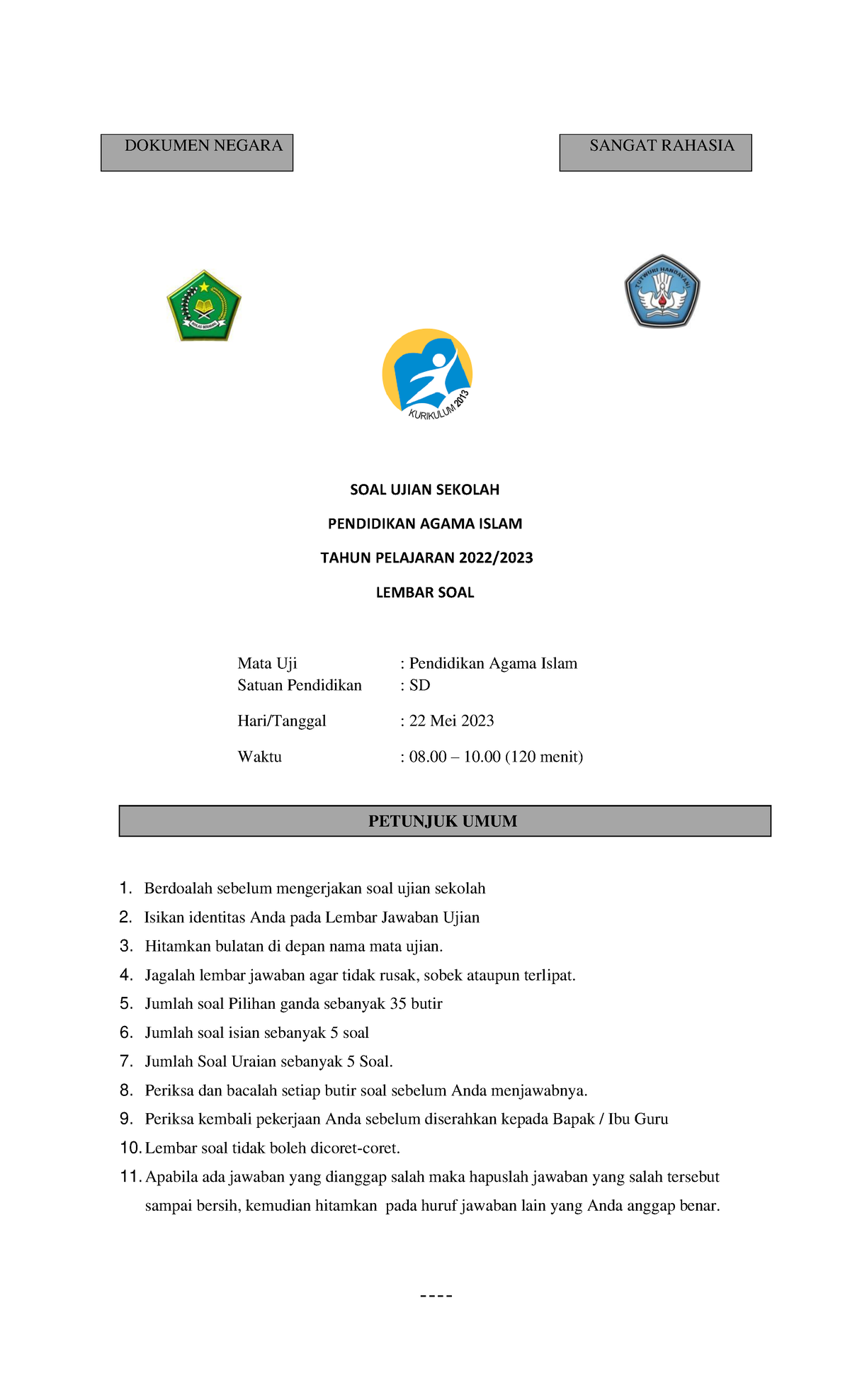 SOAL US PAI Tahun 2023-1 - DOKUMEN NEGARA SANGAT RAHASIA SOAL UJIAN ...