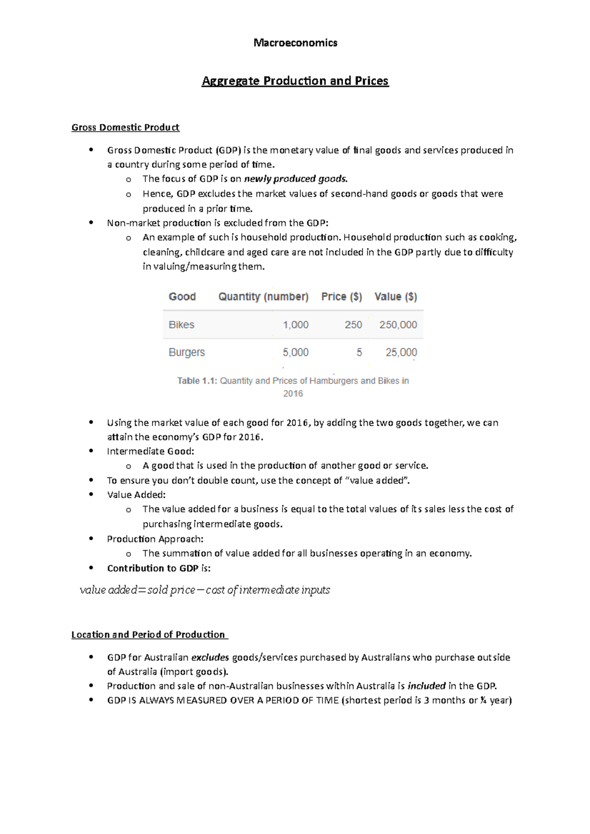 ECON1102 Notes - Aggregate Production and Prices Gross Domestic Product ...
