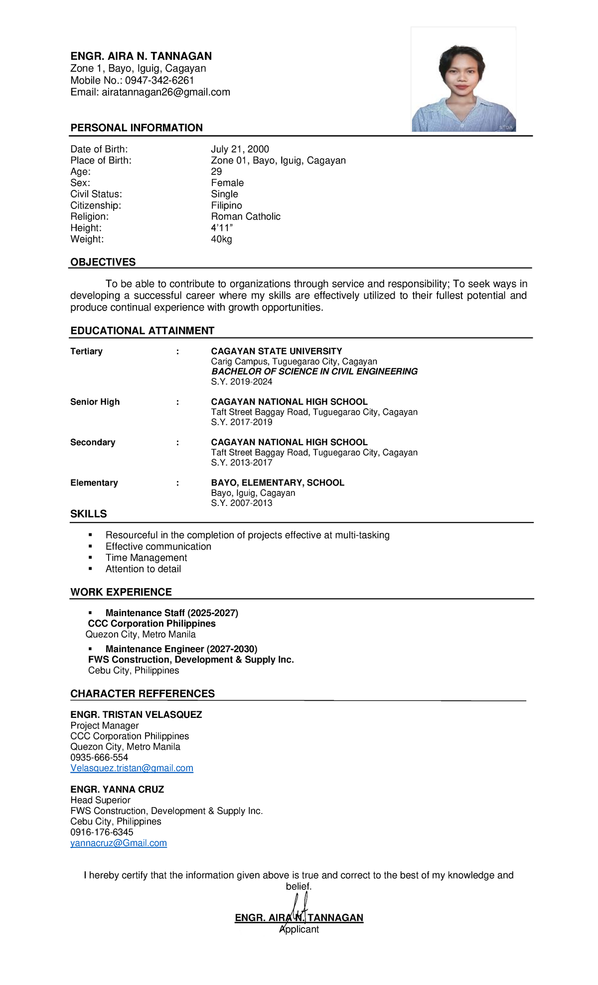 Resume-AIRA N - resume - ENGR. AIRA N. TANNAGAN Zone 1, Bayo, Iguig ...