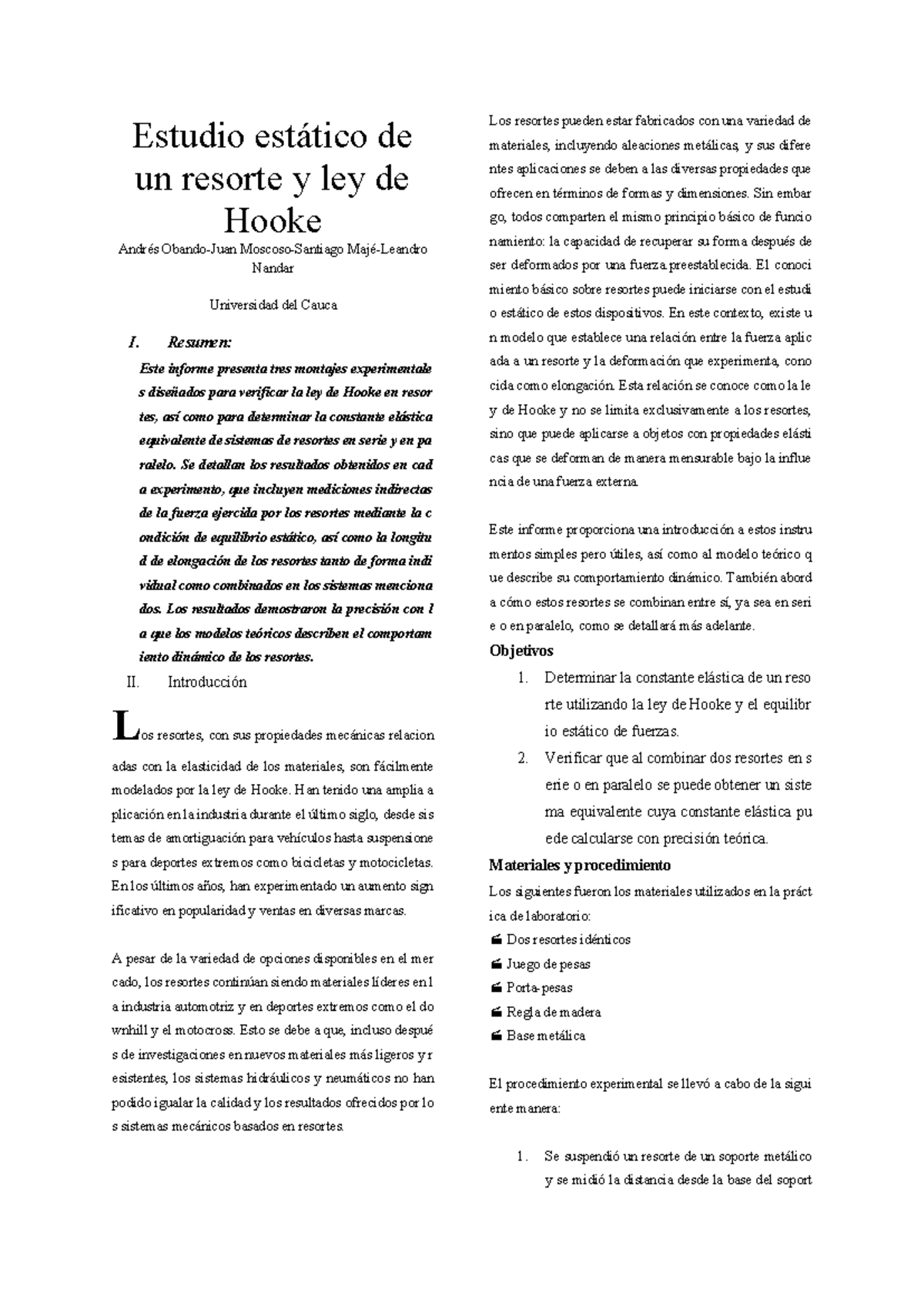 Resortes (Informe ) - Estudio estático de un resorte y ley de Hooke ...