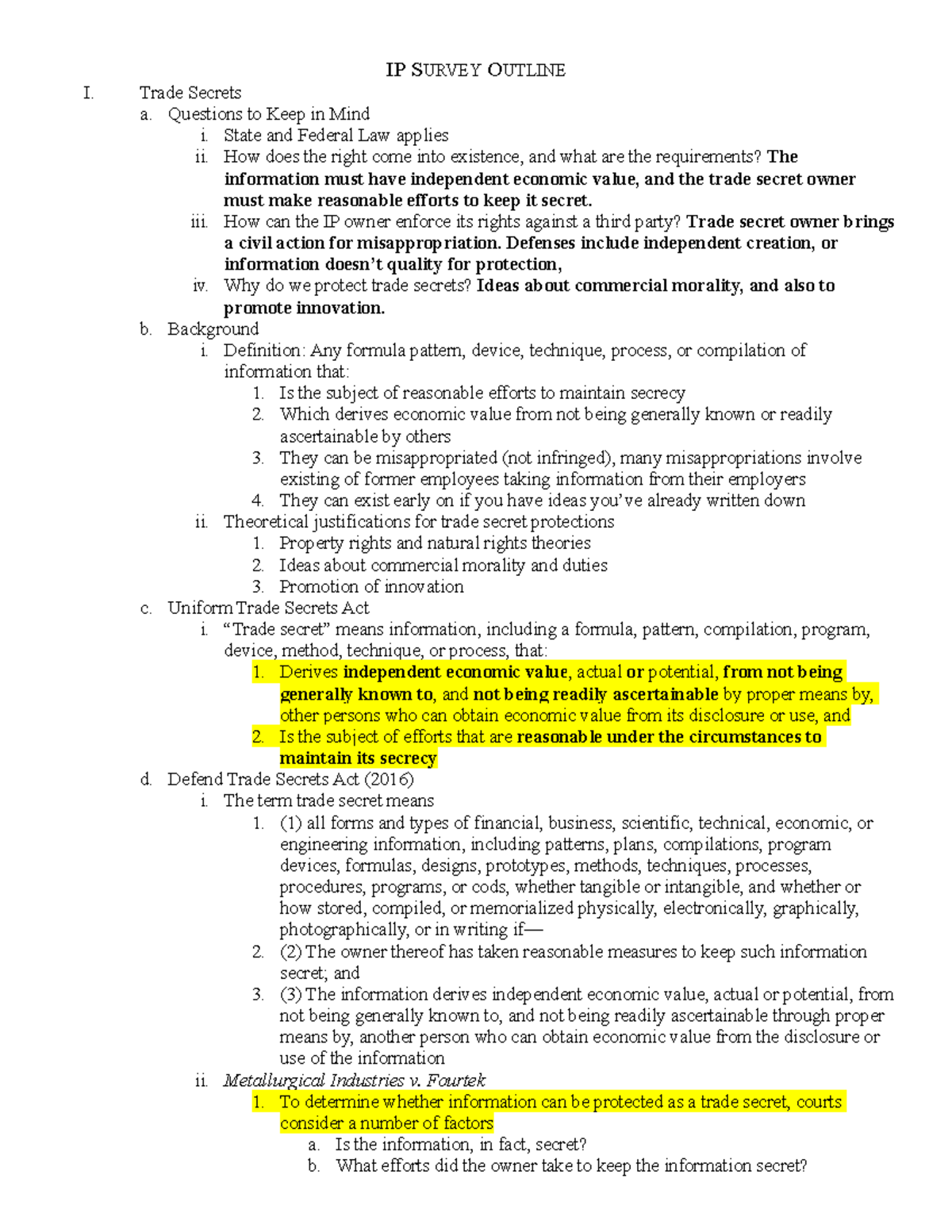 IP Outline - Copyrights, Trademarks, TS, Patents - I. Trade Secrets a ...