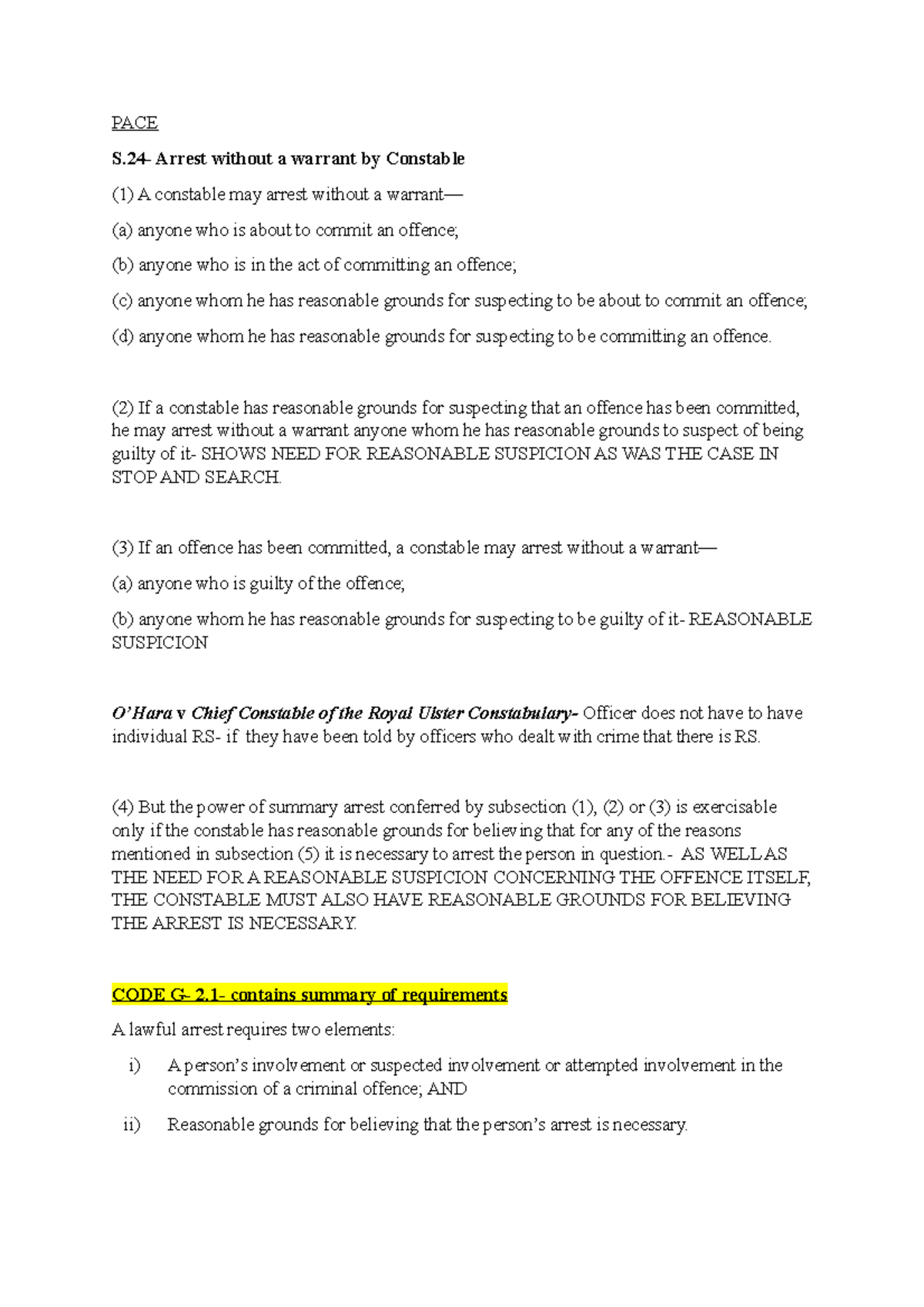PACE provisions lawful arrest - PACE S- Arrest without a warrant by ...