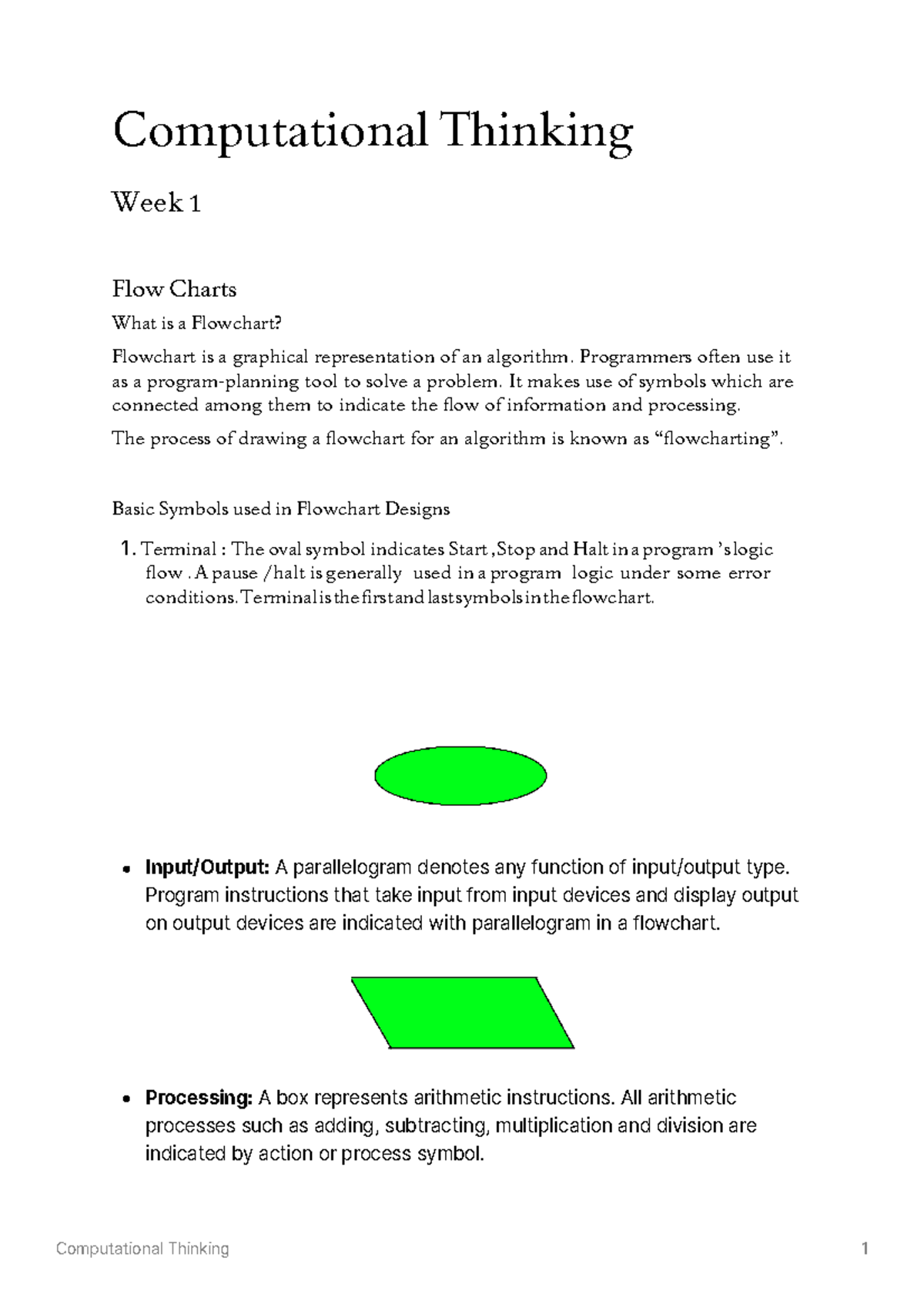 CT Week 1 notes - Computational Thinking Week 1 Flow Charts What is a ...