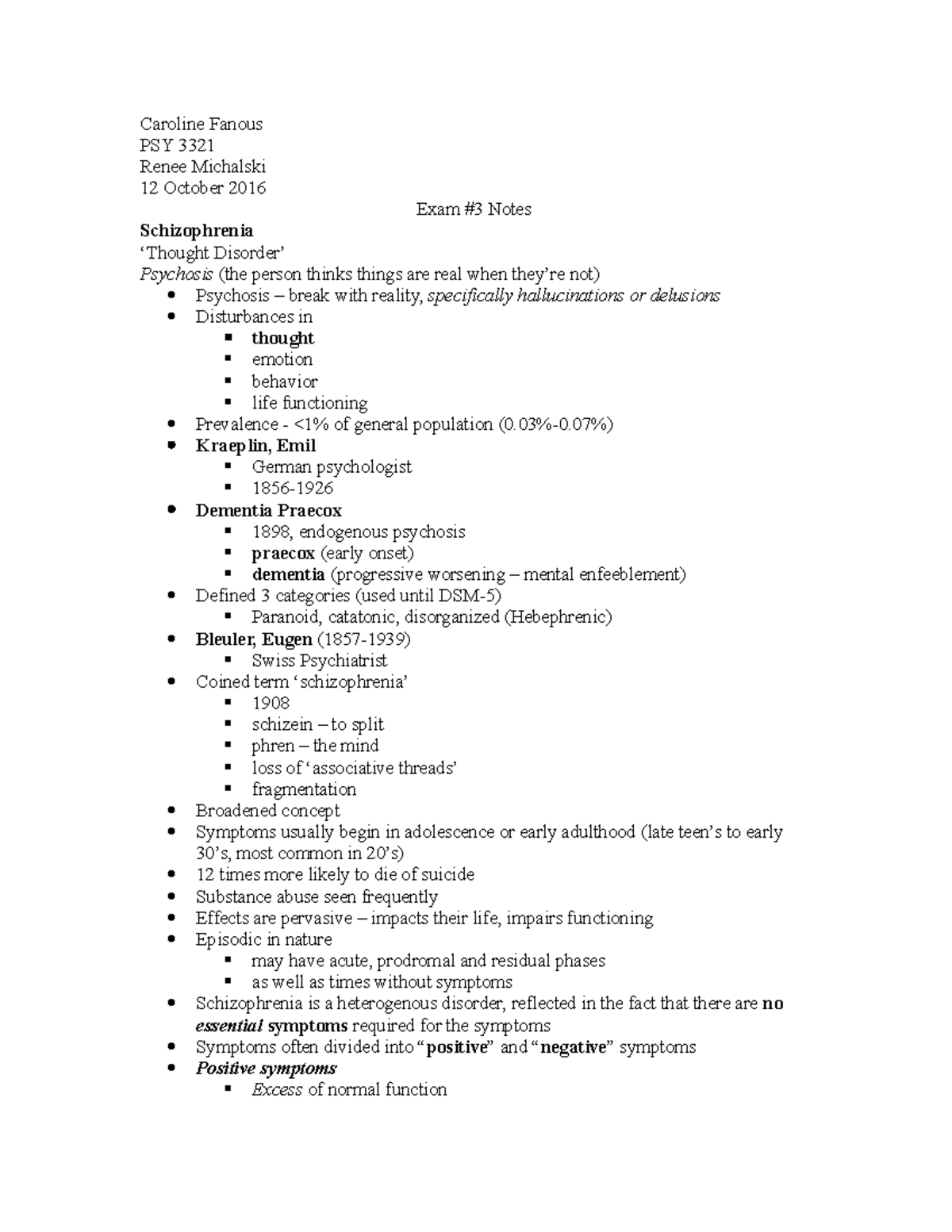 Abnormal Psychology Exam 3 Notes - Caroline Fanous PSY 3321 Renee ...
