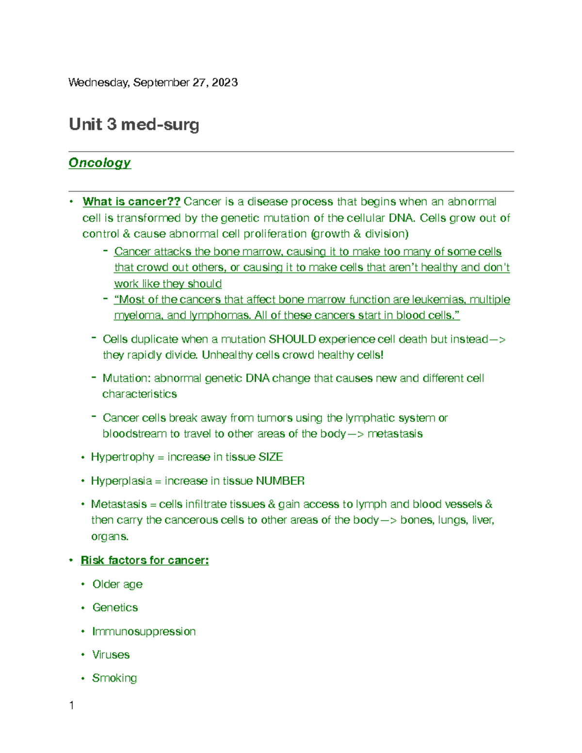 Unit 3 med surg oncology - Wednesday, September 27, 2023 Unit 3 med ...