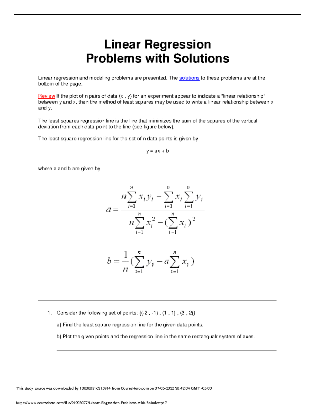 Linear Regression Problems with Solution - Linear Regression Problems ...