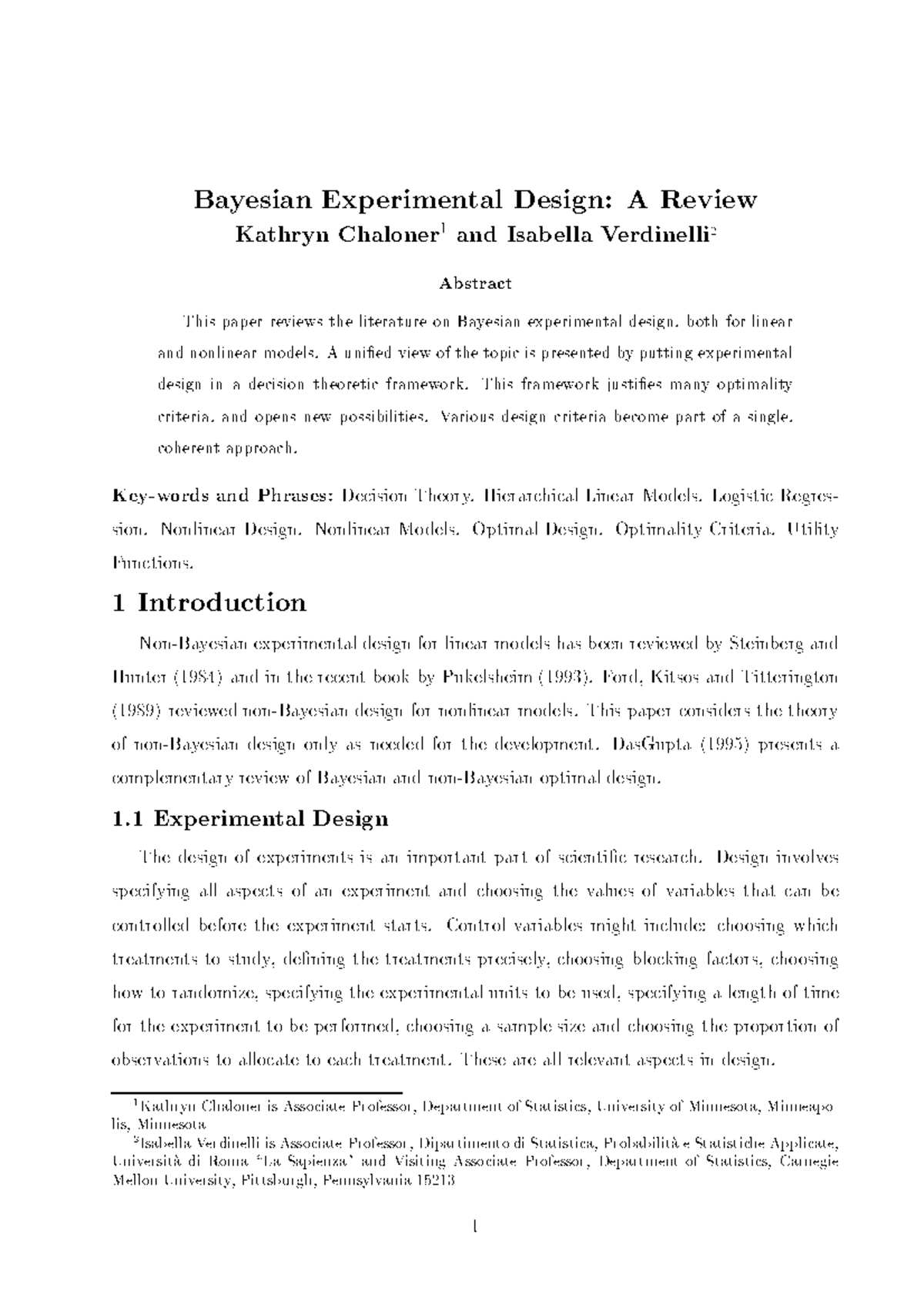 Bayesian Experimental Design - A Uni Ed View Of The Topic Is Presented ...