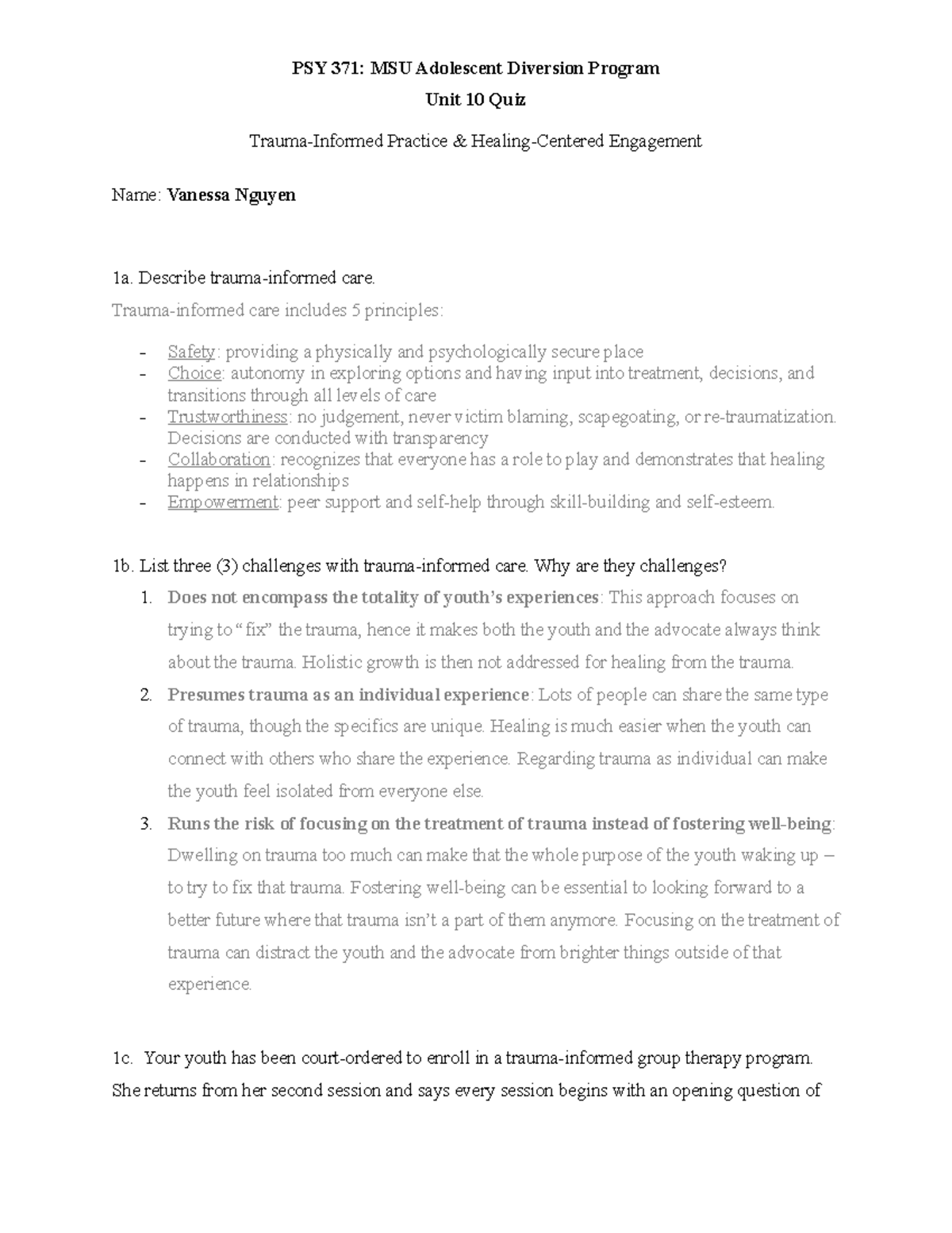 Unit 10 Quiz Adolescent Diversion Program; trauma informed practice