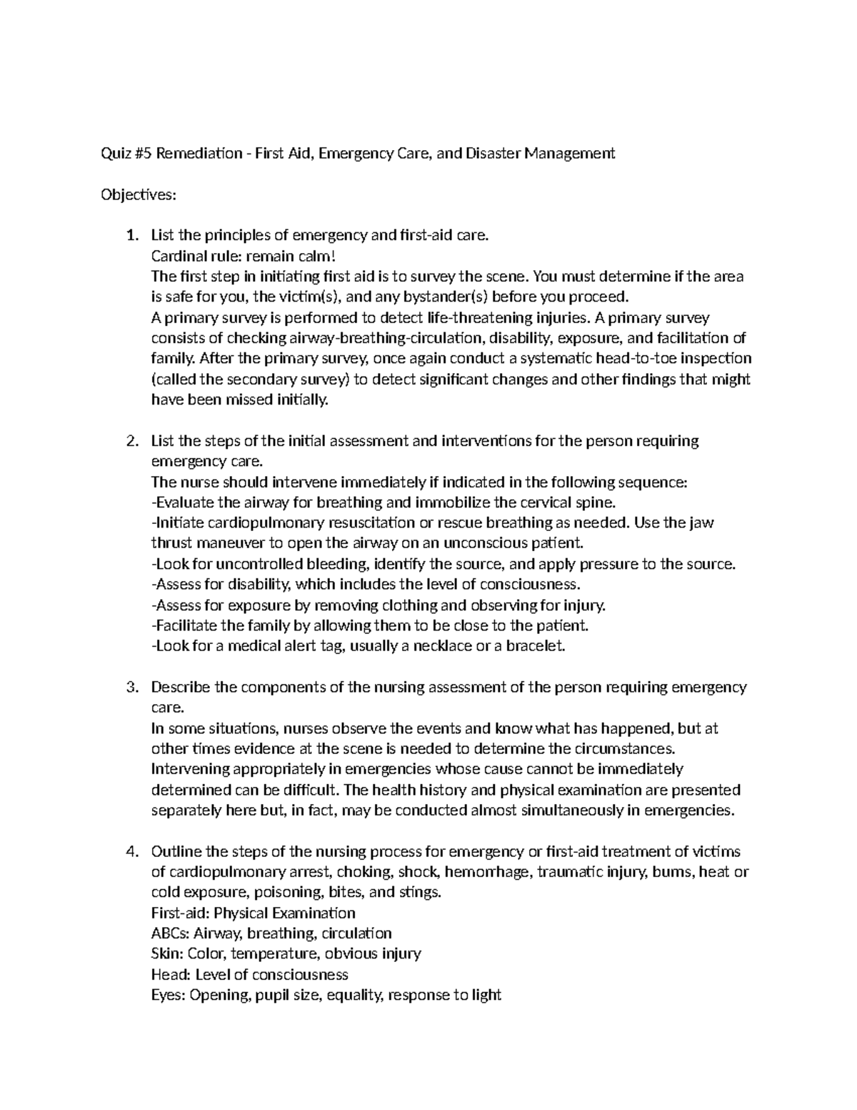Objectives for Quiz 5 Quiz 5 Remediation First Aid, Emergency