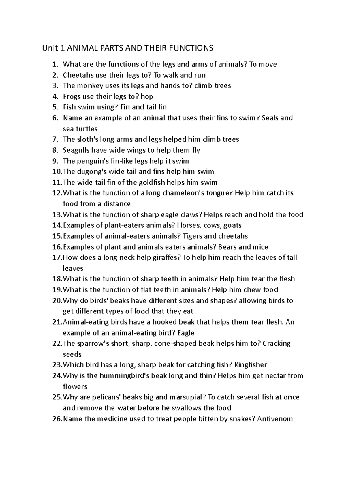 Science pt2 p4 nothing Unit 1 ANIMAL PARTS AND THEIR FUNCTIONS What