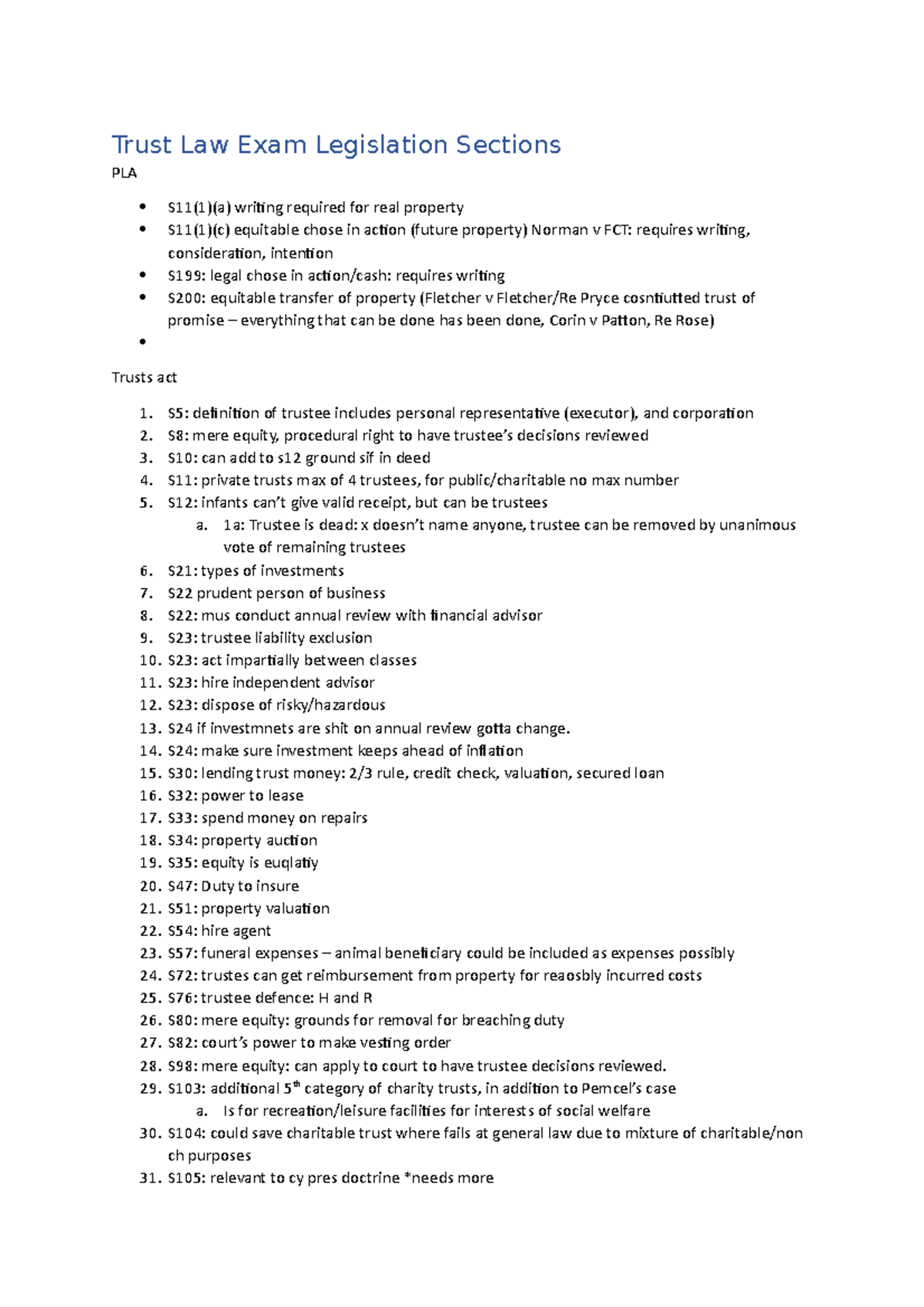 Trust Law Exam Legislation Sections Trust Law Exam Legislation