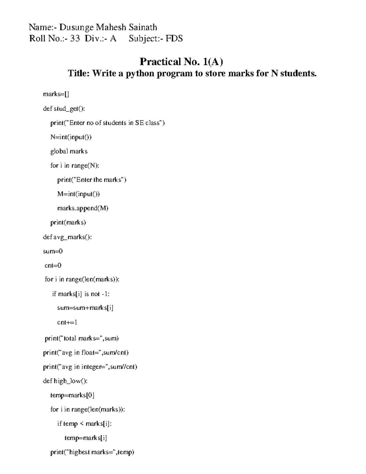 FDS mahesh - aaaa - Roll No.:- 33 Div.:- A Subject:- FDS Practical No ...