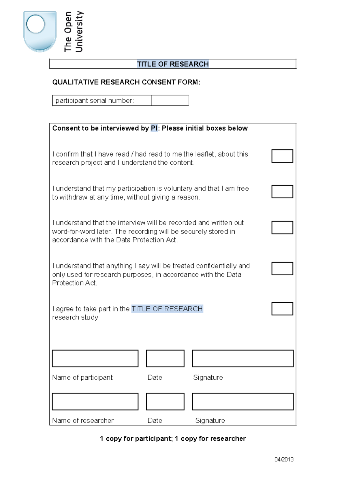 Qualitative Research Consent - TITLE OF RESEARCH QUALITATIVE RESEARCH ...