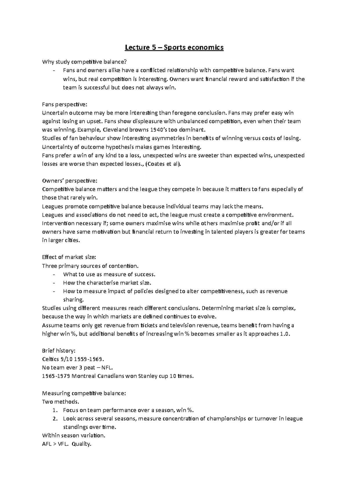 Lecture 5 Sports economics Lecture 5 Sports economics Why study