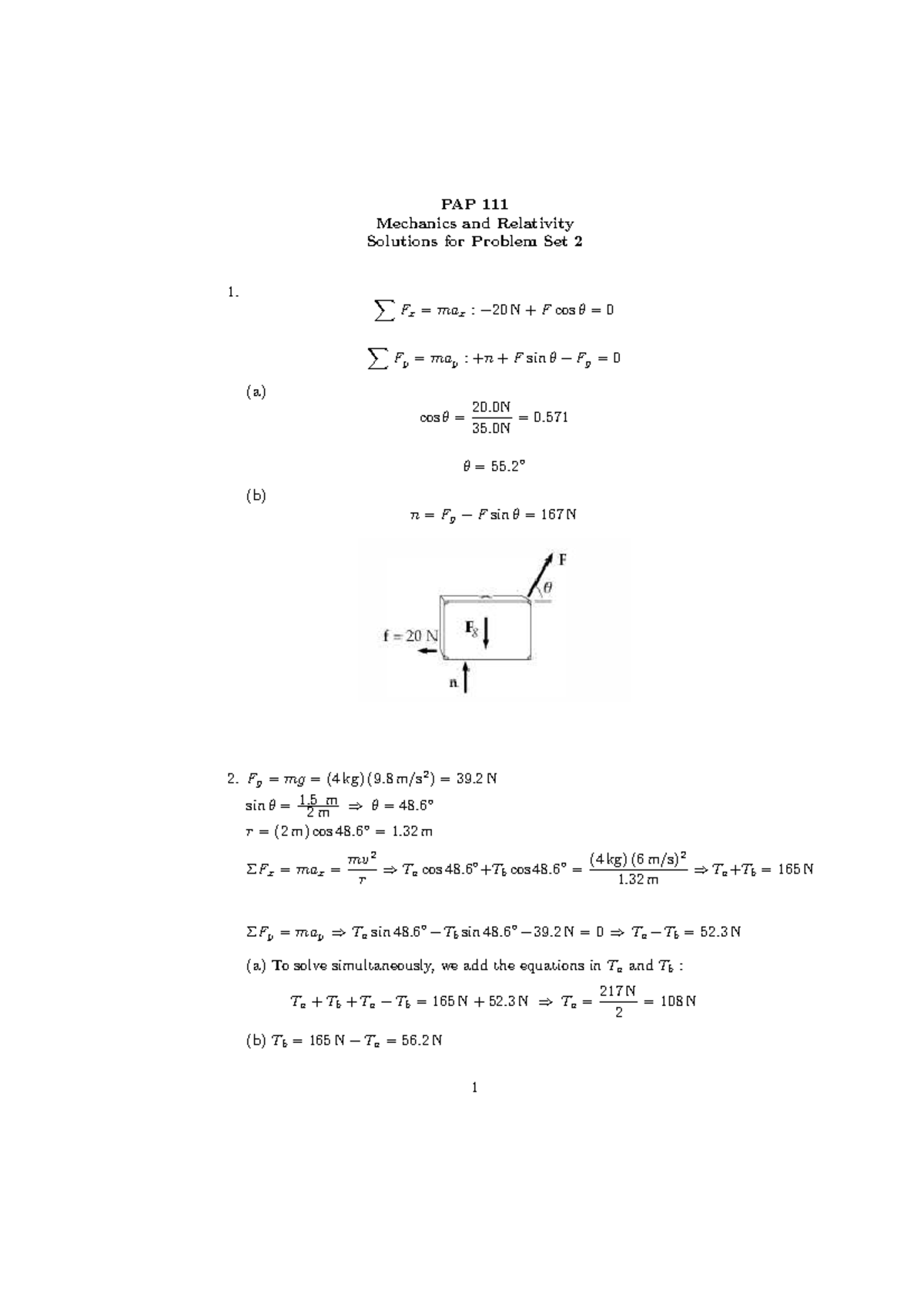 PAP111 Sol Set 2 08-09 - Solution of tutorial 2 - PAP 111 Mechanics and ...