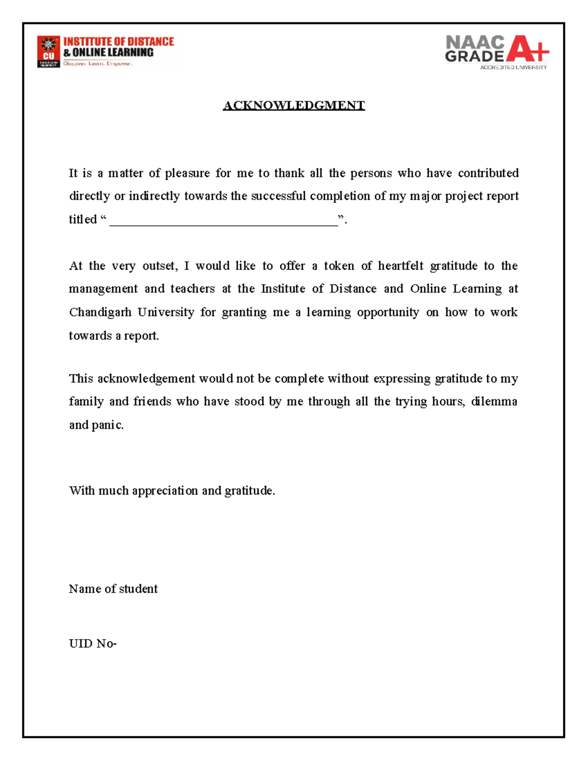 Acknowledgement This Is A Project Report Sample Page
