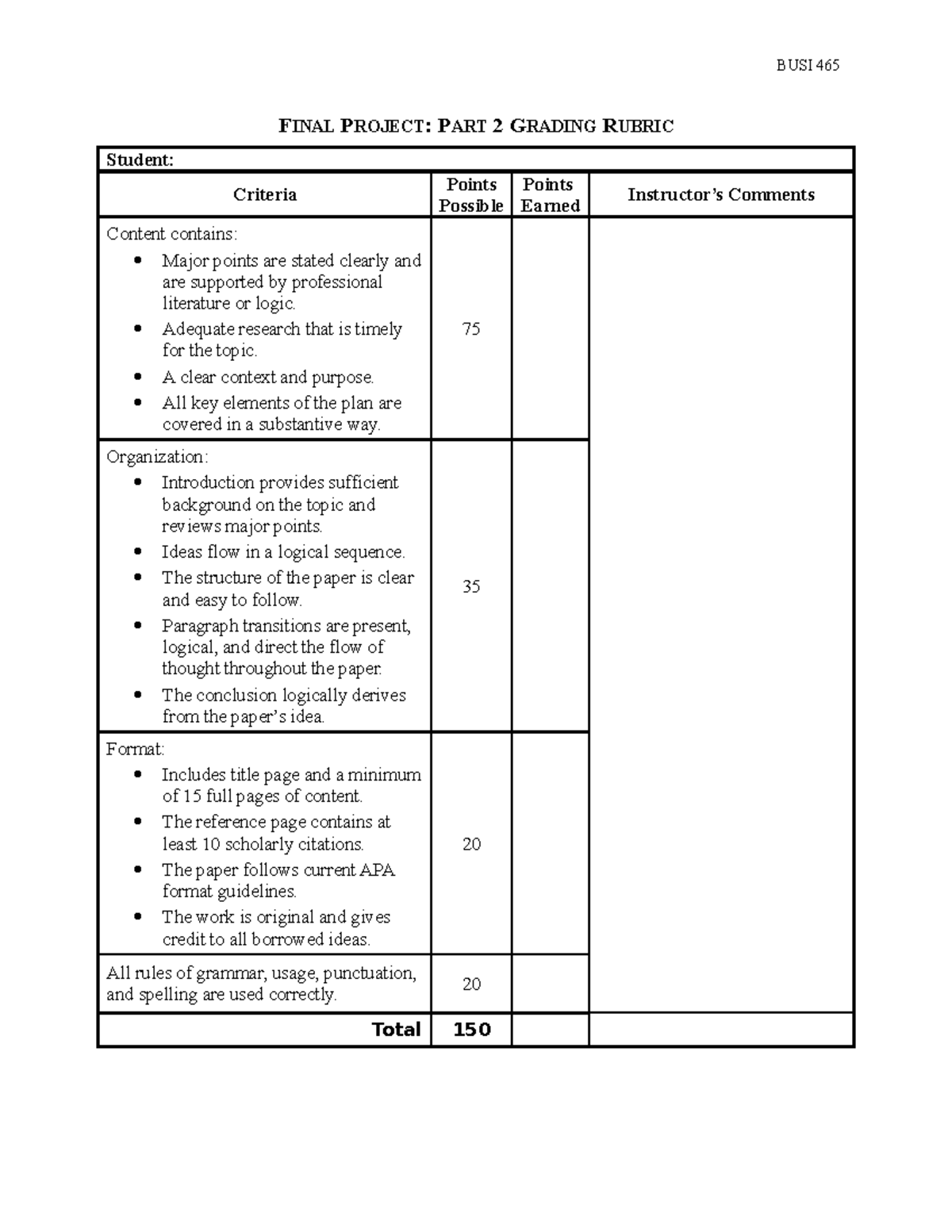 Final Project Part 2 Grading Rubric(1) - BUSI 465 FINAL PROJECT: PART 2 ...