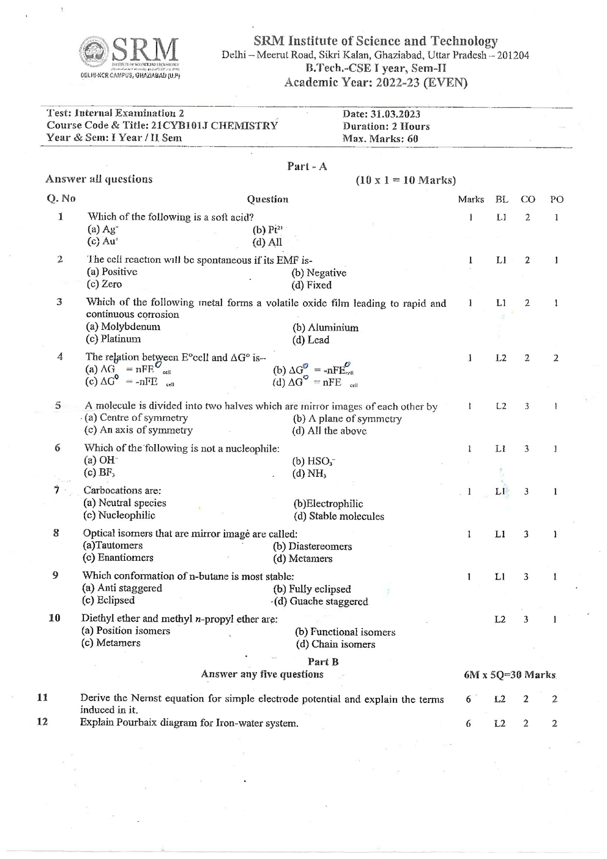 21CYB101J Int Exam 2 QP - internal exam QP - Chemistry - Studocu