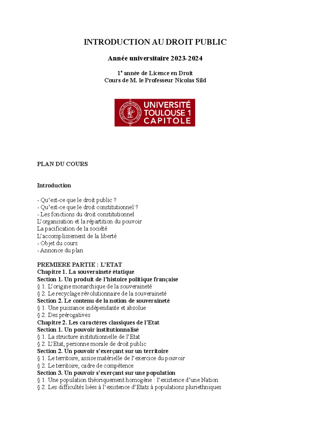 Plan du cours - INTRODUCTION AU DROIT PUBLIC Année universitaire 2023 ...