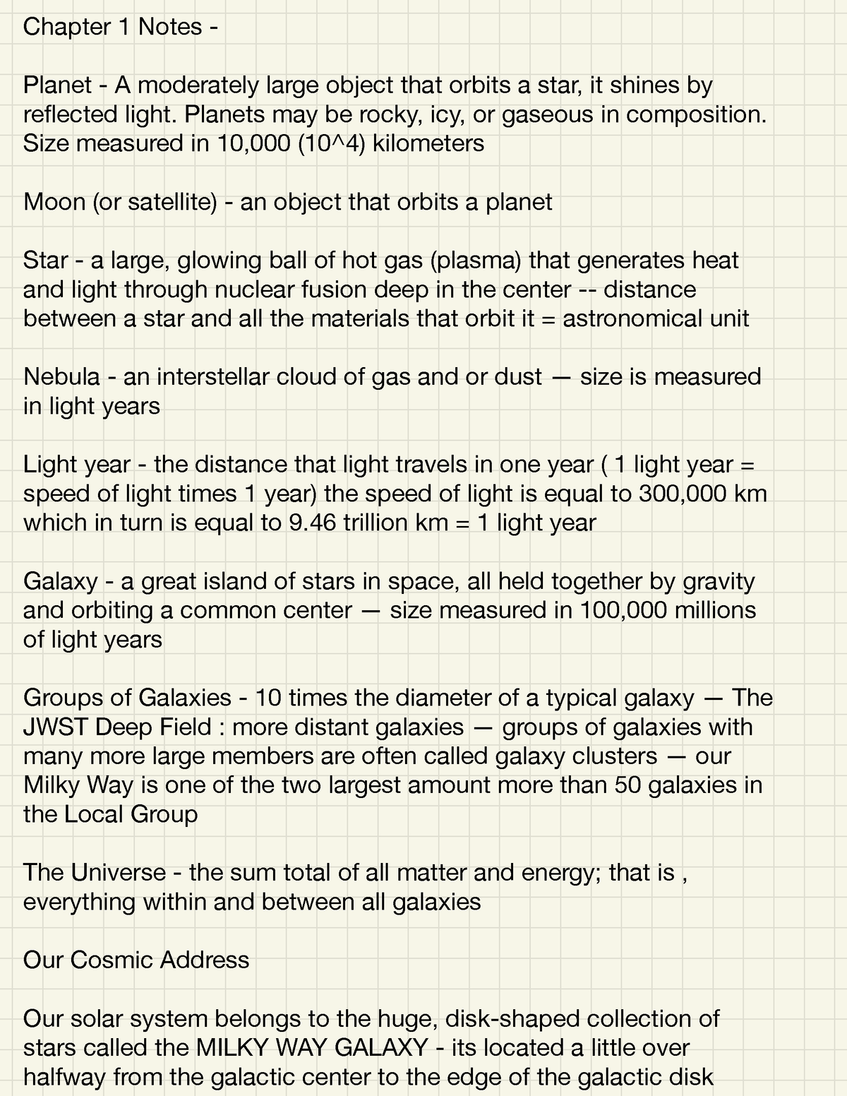 Chapter 1 - Chapter 1 Notes - Planet - A Moderately Large Object That ...