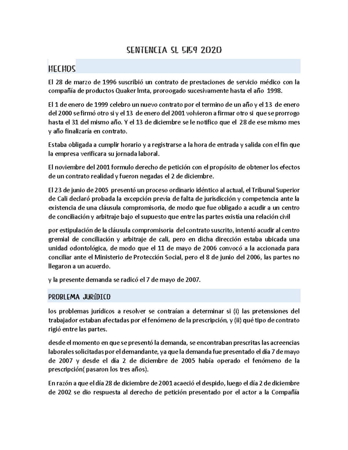 Sentencia SL 5159 2020 - Grechh5fchutf - SENTENCIA SL 5159 2020 HECHOS