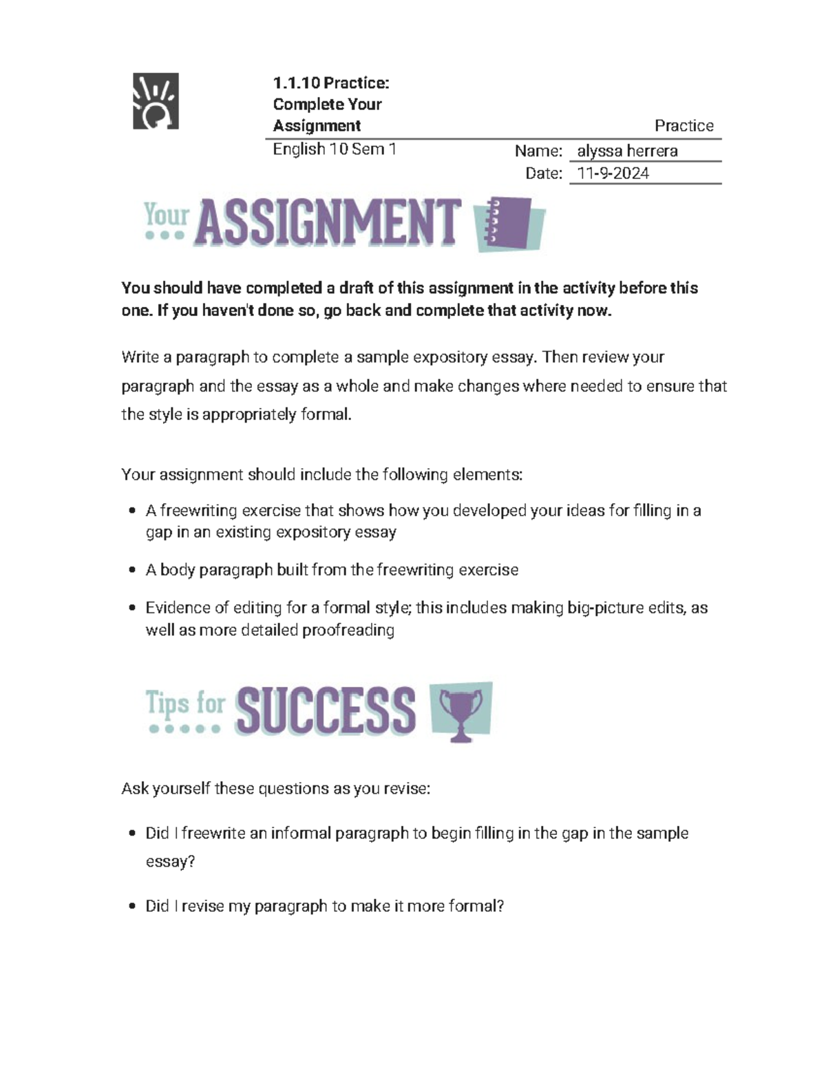 1.1.10 Practice - Complete Your Assignment (Practice) - 1.1 Practice ...