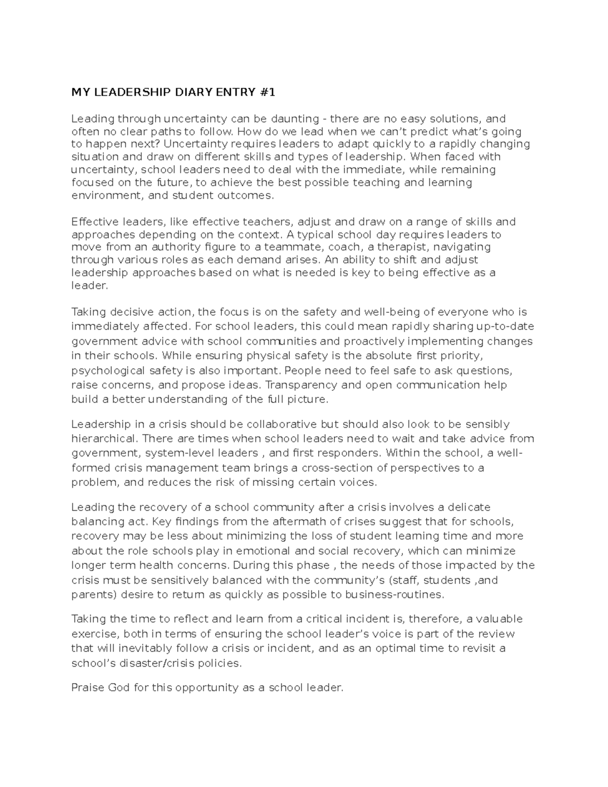 MY Leadership Diary Entry - MY LEADERSHIP DIARY ENTRY Leading through ...