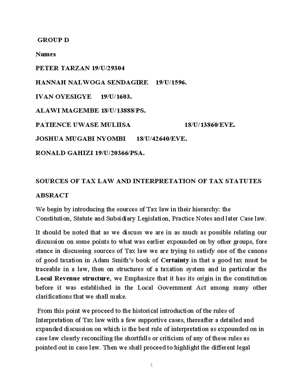 Group D Sources of Taxation & Interpretation of Tax Statutes GROUP D Names PETER TARZAN 19/U