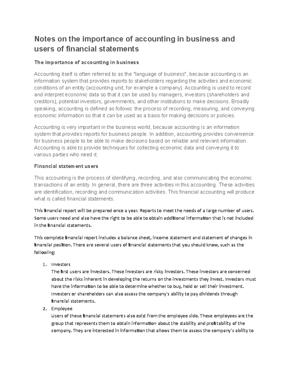 Notes on the importance of accounting in business and users of ...