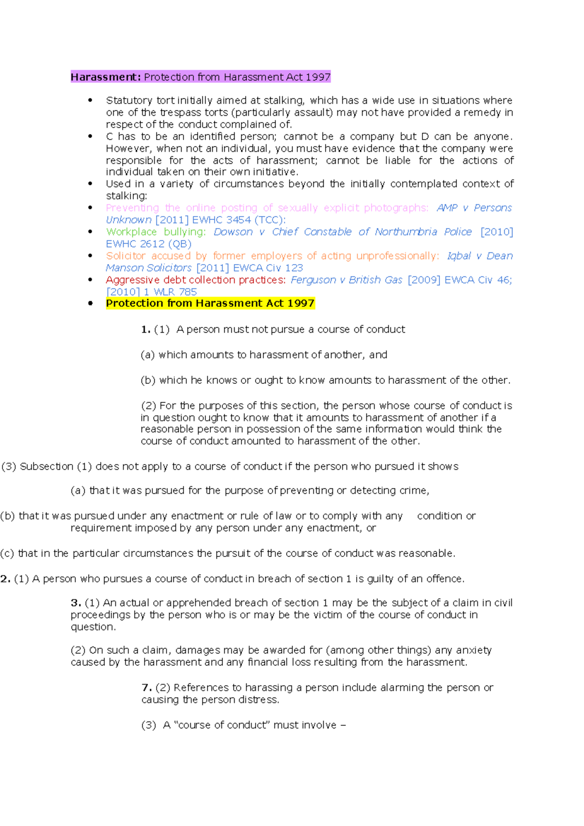 Harassment Lecture Notes - Harassment: Protection from Harassment Act ...