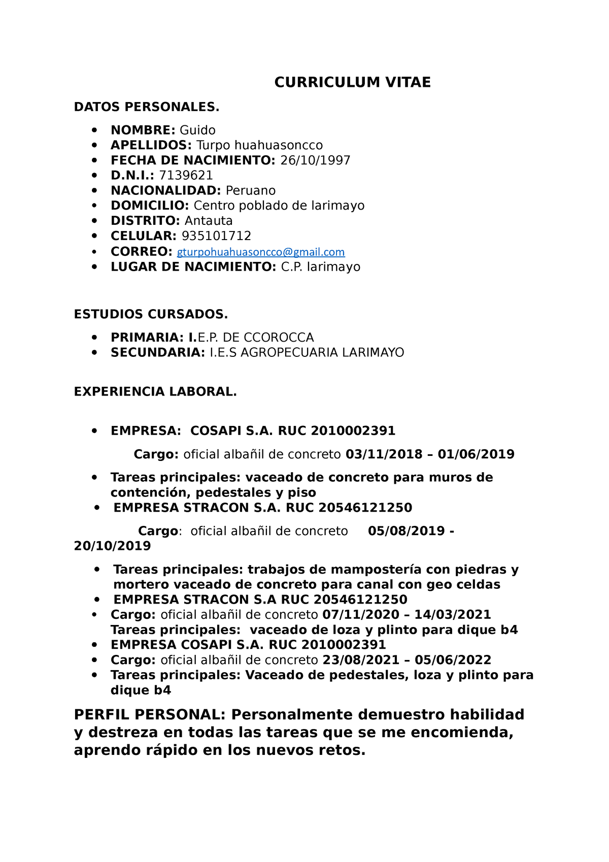 Curriculum Vitaedocx Guido Turpo Curriculum Vitae Datos Personales
